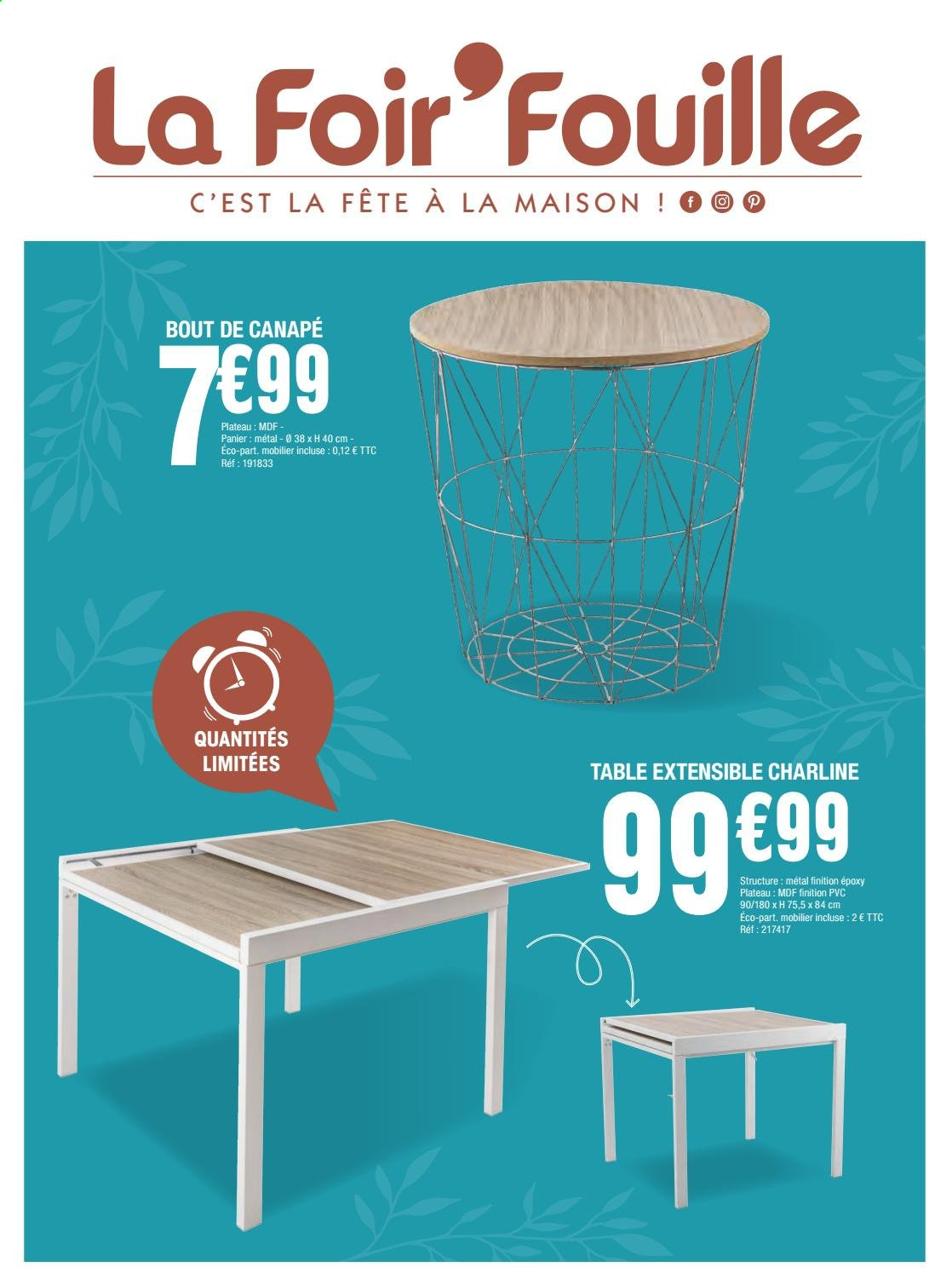 thumbnail - Catalogue La Foir'Fouille - 01/02/2021 - 07/02/2021 - Produits soldés - panier, table, table extensible, bout de canapé. Page 1.