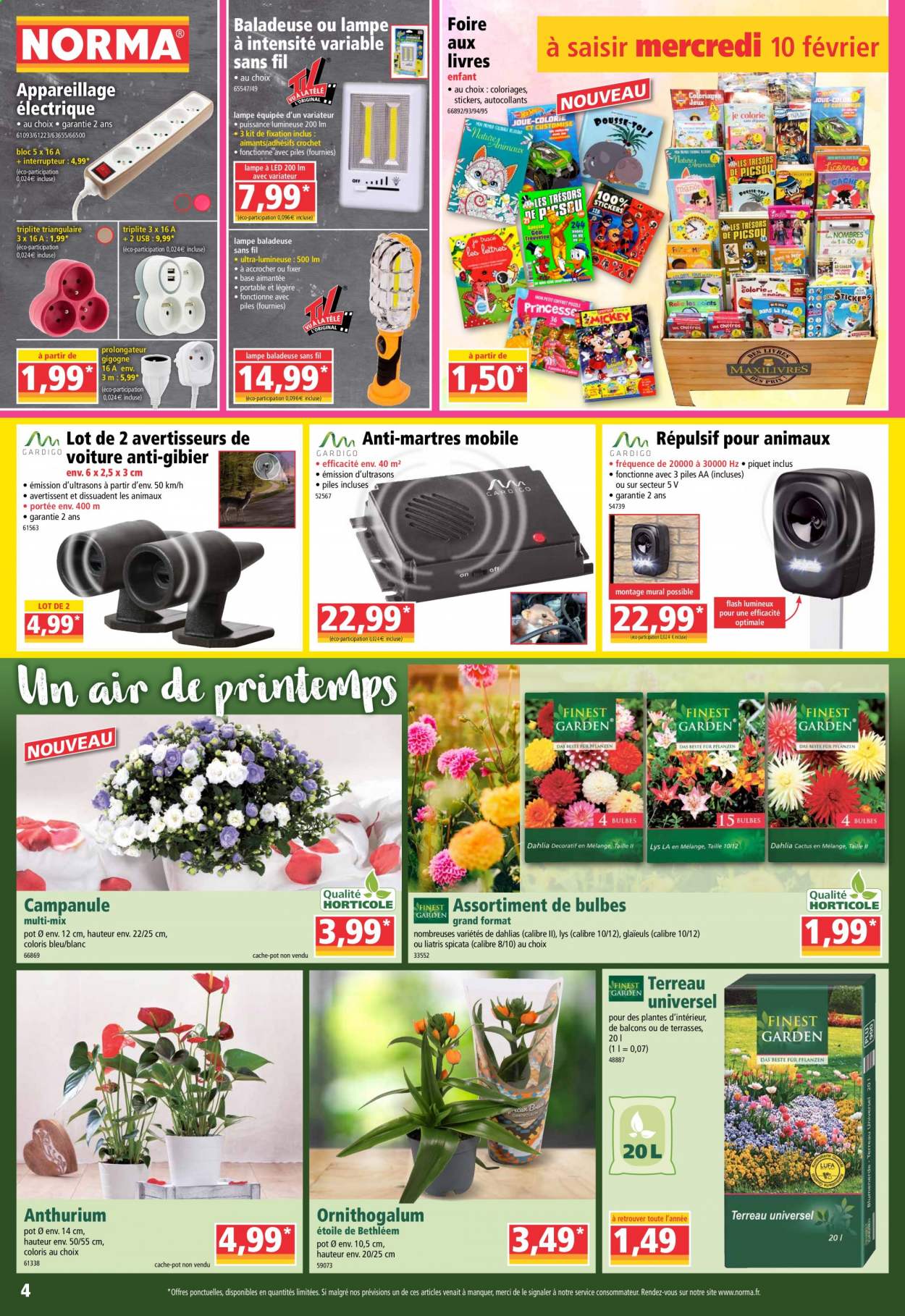 thumbnail - Catalogue Norma - 10/02/2021 - 16/02/2021 - Produits soldés - coloriage, pot de fleurs, lampe, interrupteur, prolongateur, terreau, glaïeul. Page 4.