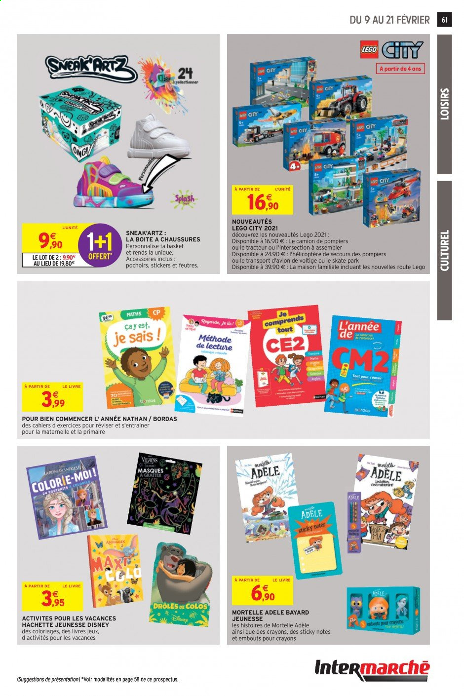 thumbnail - Catalogue Intermarché Super - 09/02/2021 - 21/02/2021 - Produits soldés - basket, Disney, boîte à chaussures, feutre, coloriage, livre, skateboard, camion, camion de pompiers, hélicoptère, Lego, Lego City, tracteur. Page 61.