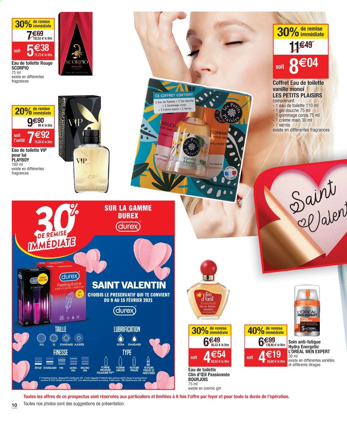 thumbnail - Catalogue Cora - 09/02/2021 - 15/02/2021 - Produits soldés - L'Oréal, gel douche, eau de toilette, Playboy, Durex, crème mains, body. Page 10.
