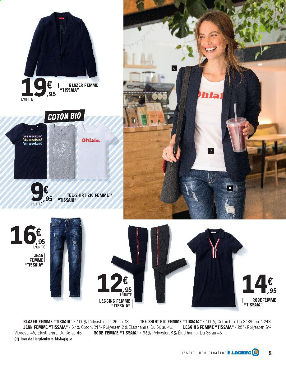 thumbnail - Catalogue E.Leclerc - 09/02/2021 - 20/02/2021 - Produits soldés - Blazer, pantalon en denim, jeans, robe, t-shirt, Tissaia, leggings. Page 5.