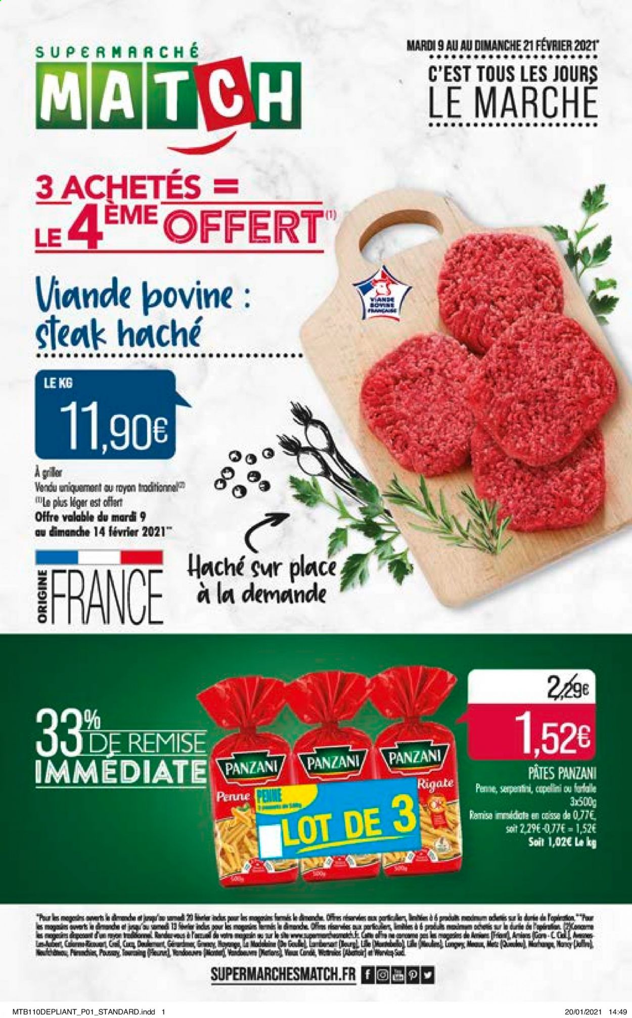 thumbnail - Catalogue Supermarché Match - 09/02/2021 - 21/02/2021 - Produits soldés - steak haché, viande hachée, Panzani, pâtes. Page 1.