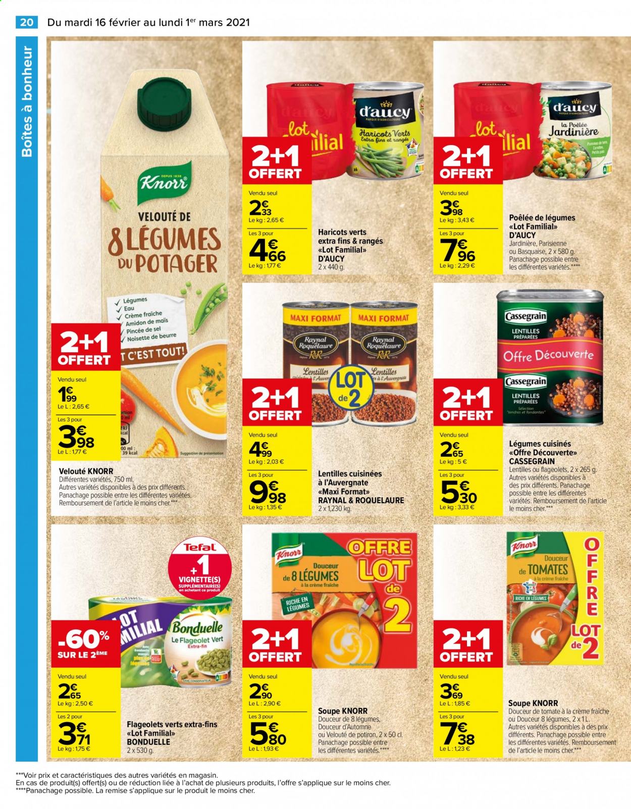 thumbnail - Catalogue Carrefour Hypermarchés - 16/02/2021 - 01/03/2021 - Produits soldés - Tefal, soupe, Knorr, velouté, Bonduelle, poêlée de légumes, lentilles préparées. Page 20.