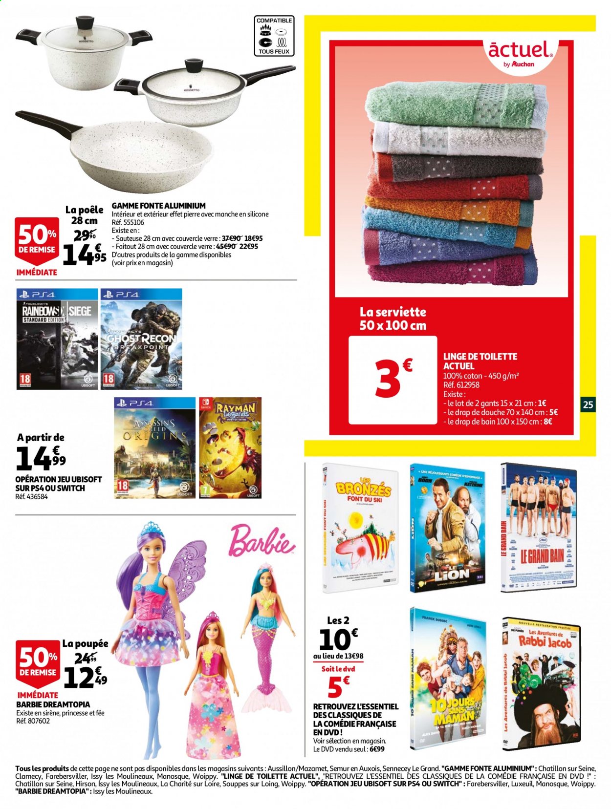 thumbnail - Catalogue Auchan - 16/02/2021 - 23/02/2021 - Produits soldés - poêle, Barbie, Lion, serviette, verre, sauteuse, DVD, drap, drap de bain, PS4, ski, poupée. Page 25.