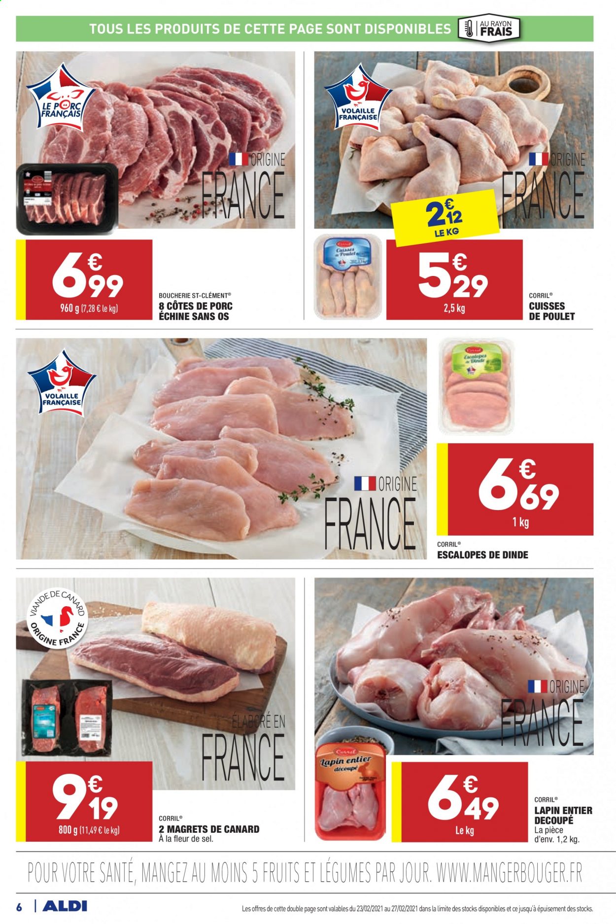 thumbnail - Catalogue ALDI - 23/02/2021 - 01/03/2021 - Produits soldés - côtes de porc, côtes de porc échine, escalope, viande de porc, cuisses de poulet, viande de poulet, viande de dinde, escalope de dinde, lapin entier, viande de lapin. Page 6.