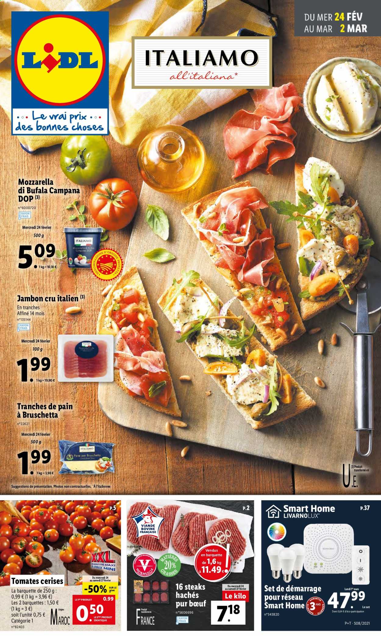 thumbnail - Catalogue Lidl - 24/02/2021 - 02/03/2021 - Produits soldés - tomates, tomates cerises, bruschetta, steak haché, viande hachée, jambon, jambon sec, fromage, mozzarella. Page 1.