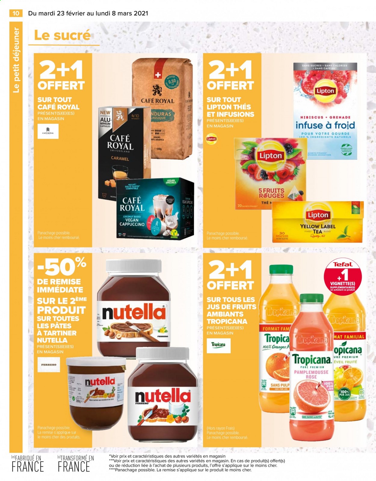 thumbnail - Catalogue Carrefour Hypermarchés - 23/02/2021 - 08/03/2021 - Produits soldés - gourde, Tefal, Nutella, Lipton, Tropicana, pur jus, café, lit, hibiscus. Page 10.