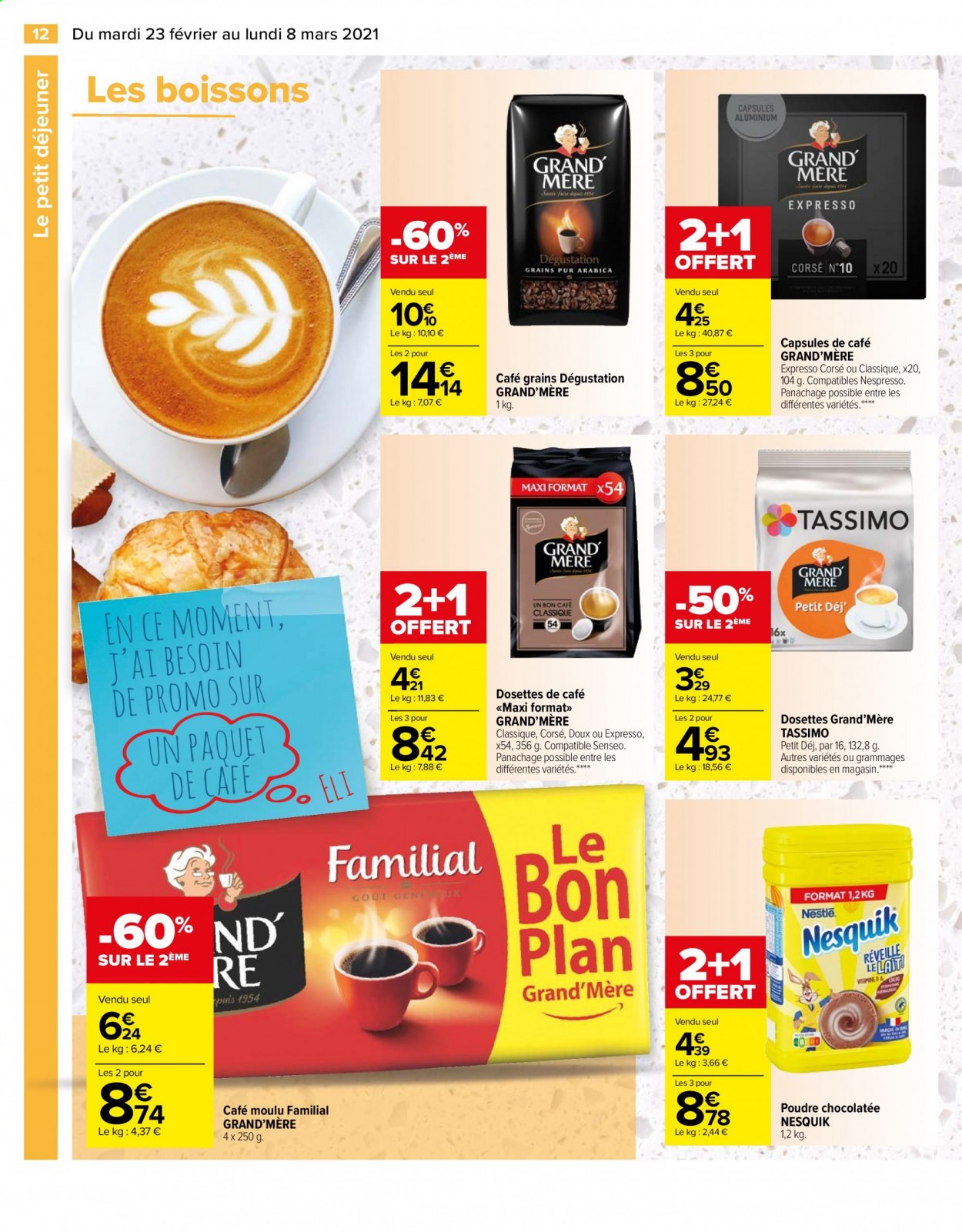 thumbnail - Catalogue Carrefour Hypermarchés - 23/02/2021 - 08/03/2021 - Produits soldés - Nestlé, Nesquik, café moulu, Senseo, café capsules, dosettes de café. Page 12.