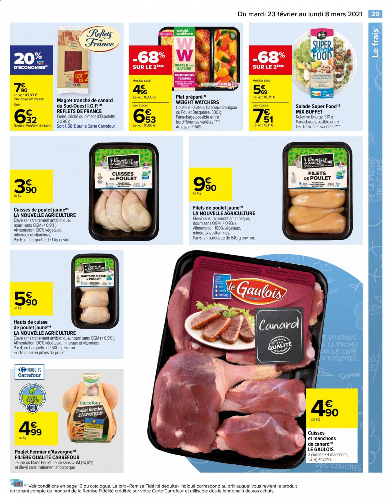 thumbnail - Catalogue Carrefour Hypermarchés - 23/02/2021 - 08/03/2021 - Produits soldés - salade, filet de poulet, manchons de canard, cuisses de poulet, viande de poulet, pilons de poulet, cuisse de poulet, couscous, café, couches. Page 29.