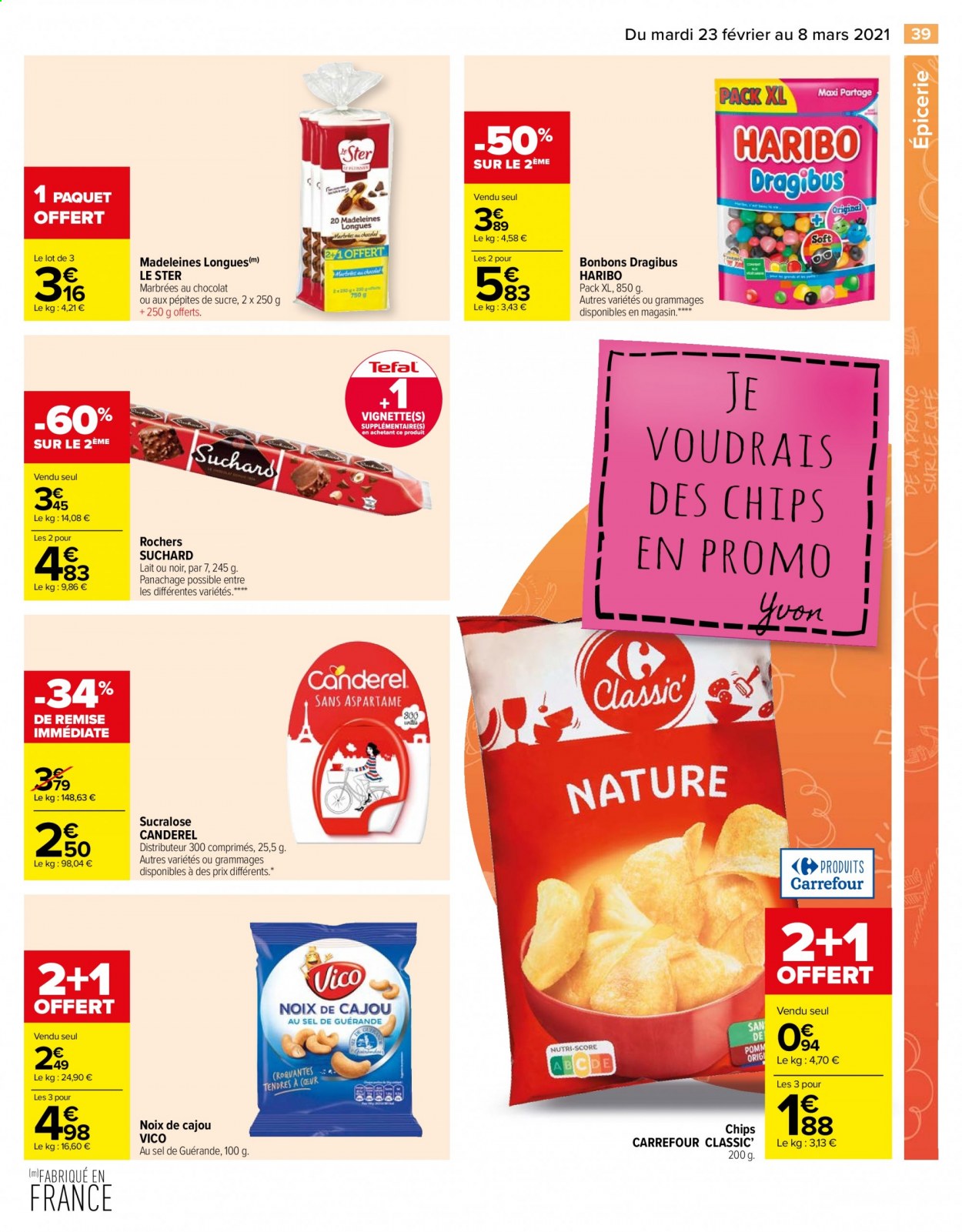 thumbnail - Catalogue Carrefour Hypermarchés - 23/02/2021 - 08/03/2021 - Produits soldés - Tefal, madeleines, bonbons, Suchard, chips, Vico, noix de cajou. Page 39.