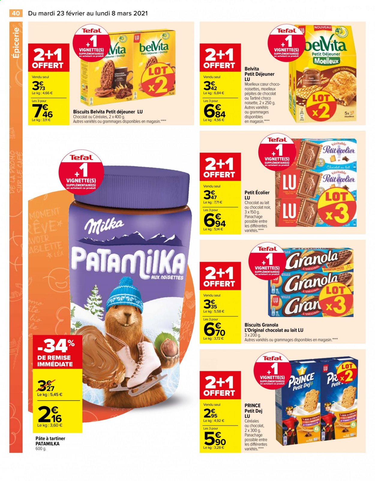thumbnail - Catalogue Carrefour Hypermarchés - 23/02/2021 - 08/03/2021 - Produits soldés - Tefal, Milka, biscuits, granola, Prince Lu, LU. Page 40.