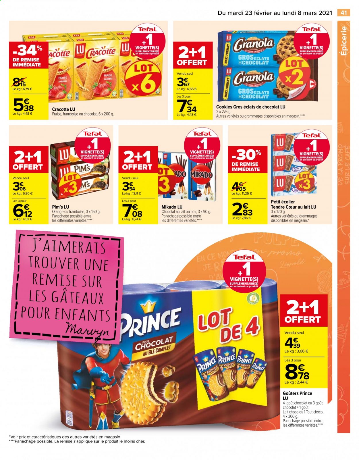 thumbnail - Catalogue Carrefour Hypermarchés - 23/02/2021 - 08/03/2021 - Produits soldés - Tefal, biscuits, granola, Mikado, cookies, Prince Lu, LU. Page 41.