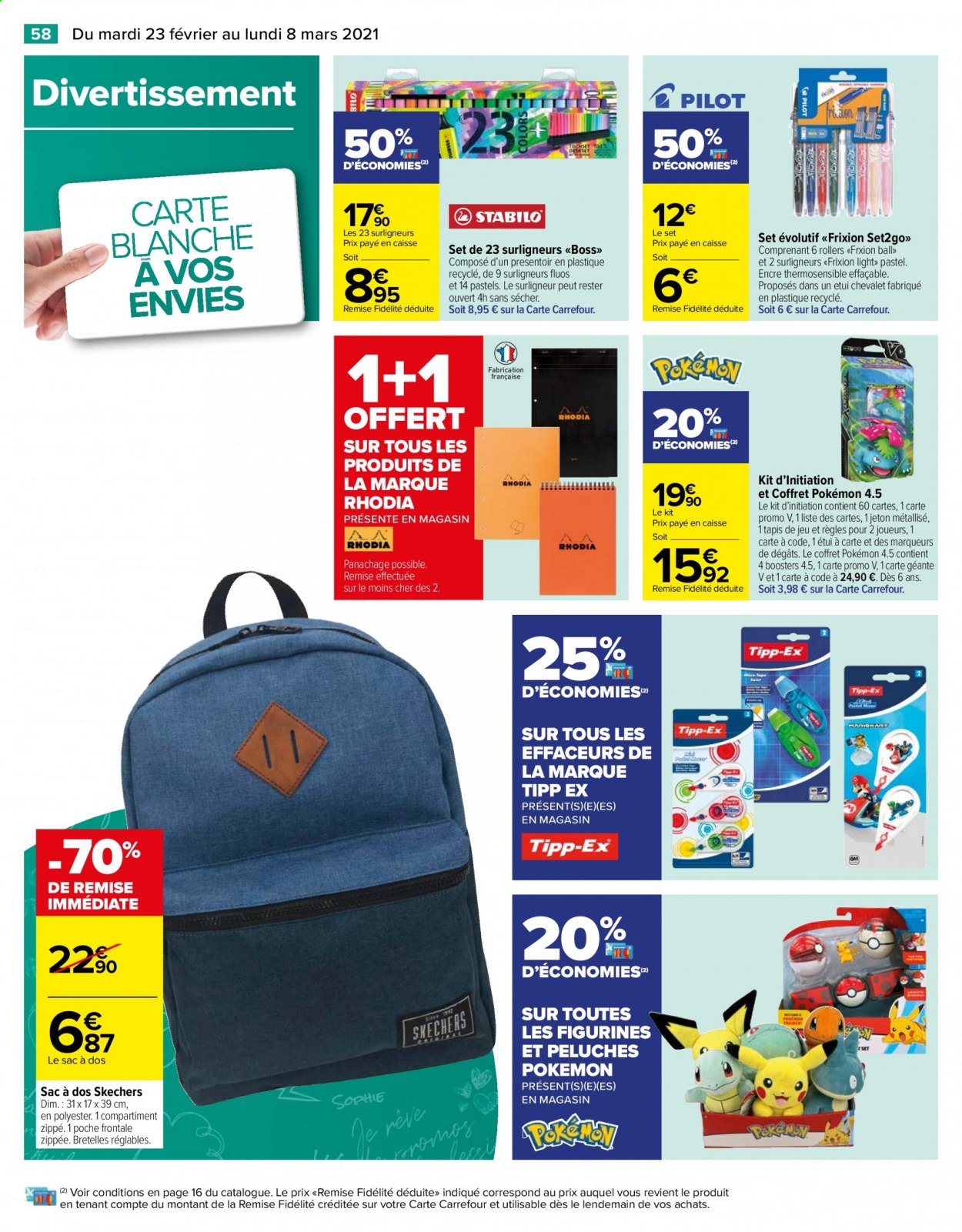 thumbnail - Catalogue Carrefour Hypermarchés - 23/02/2021 - 08/03/2021 - Produits soldés - Pokémon, figurine, effaceur, marqueur, surligneur, sac à main, sac à dos, peluche. Page 58.