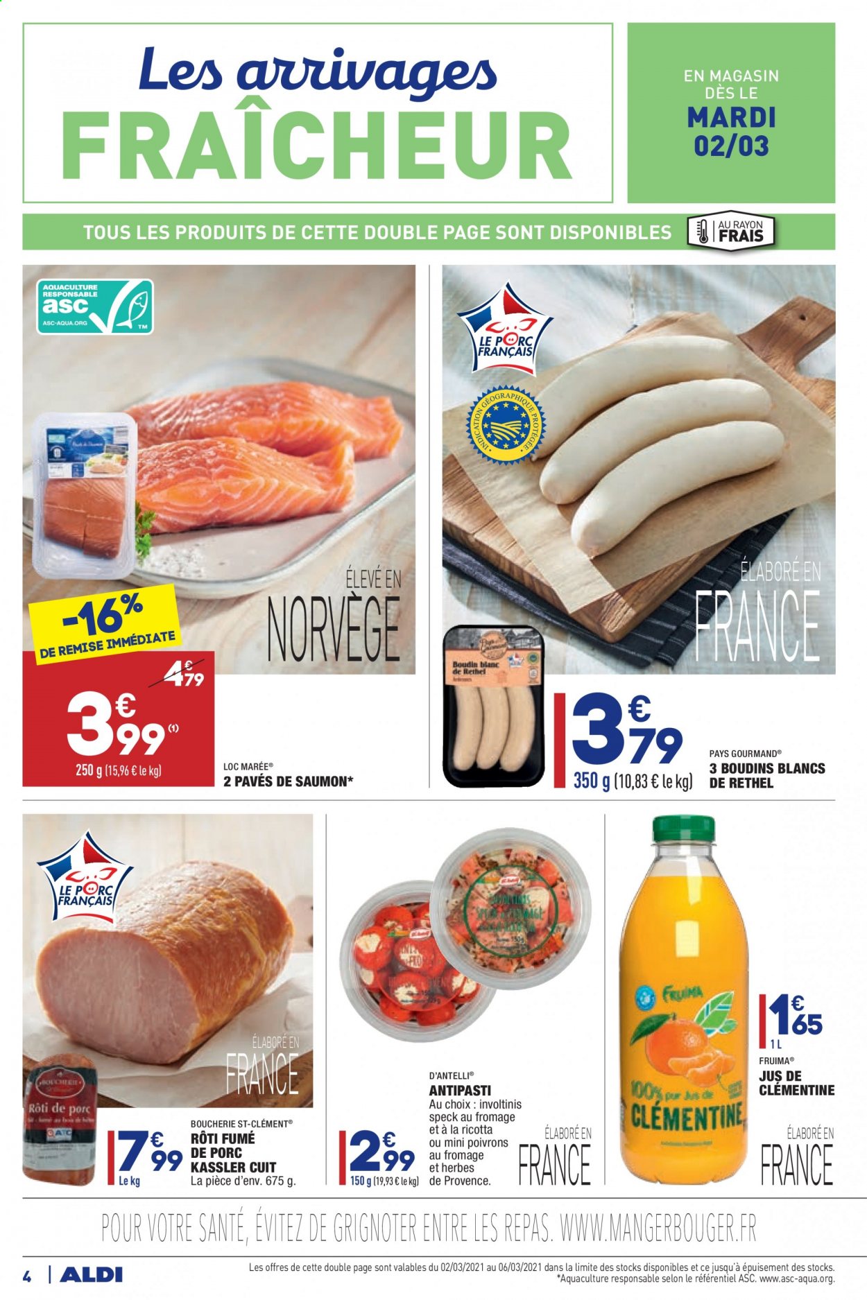 thumbnail - Catalogue ALDI - 02/03/2021 - 08/03/2021 - Produits soldés - poivrons, pavés de saumon, antipasti, boudin blanc, kassler, jus. Page 4.
