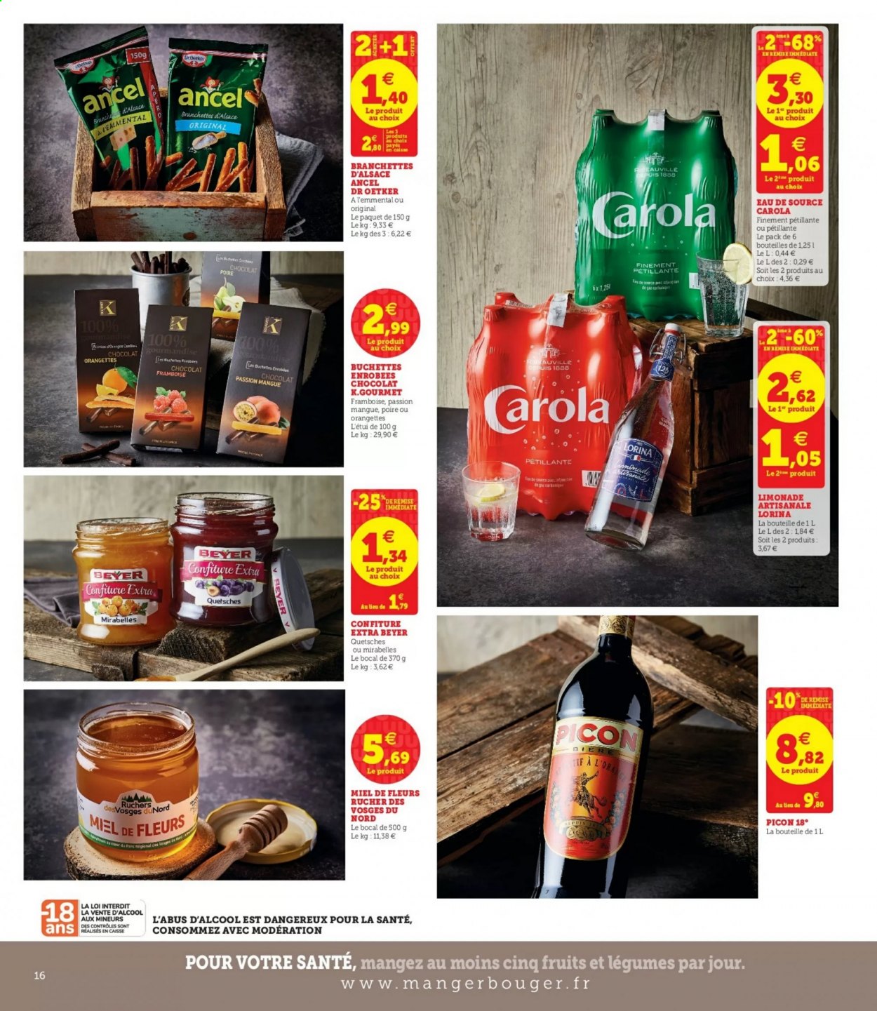 thumbnail - Catalogue Magasins U - 23/02/2021 - 27/02/2021 - Produits soldés - fromage, chocolat, orangette, branchettes, confiture, miel, limonade, Lorina, eau de source. Page 16.