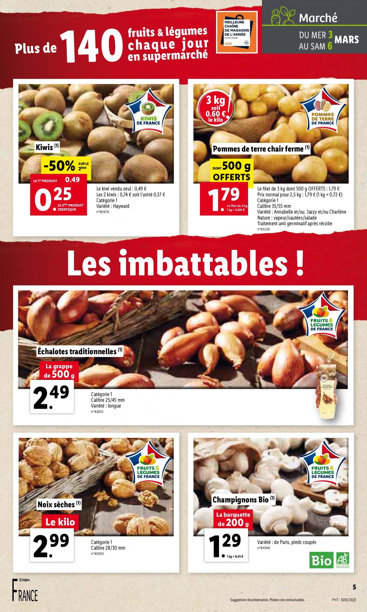 thumbnail - Catalogue Lidl - 03/03/2021 - 09/03/2021 - Produits soldés - kiwi, salade, échalotes, champignon, noix sèches. Page 5.