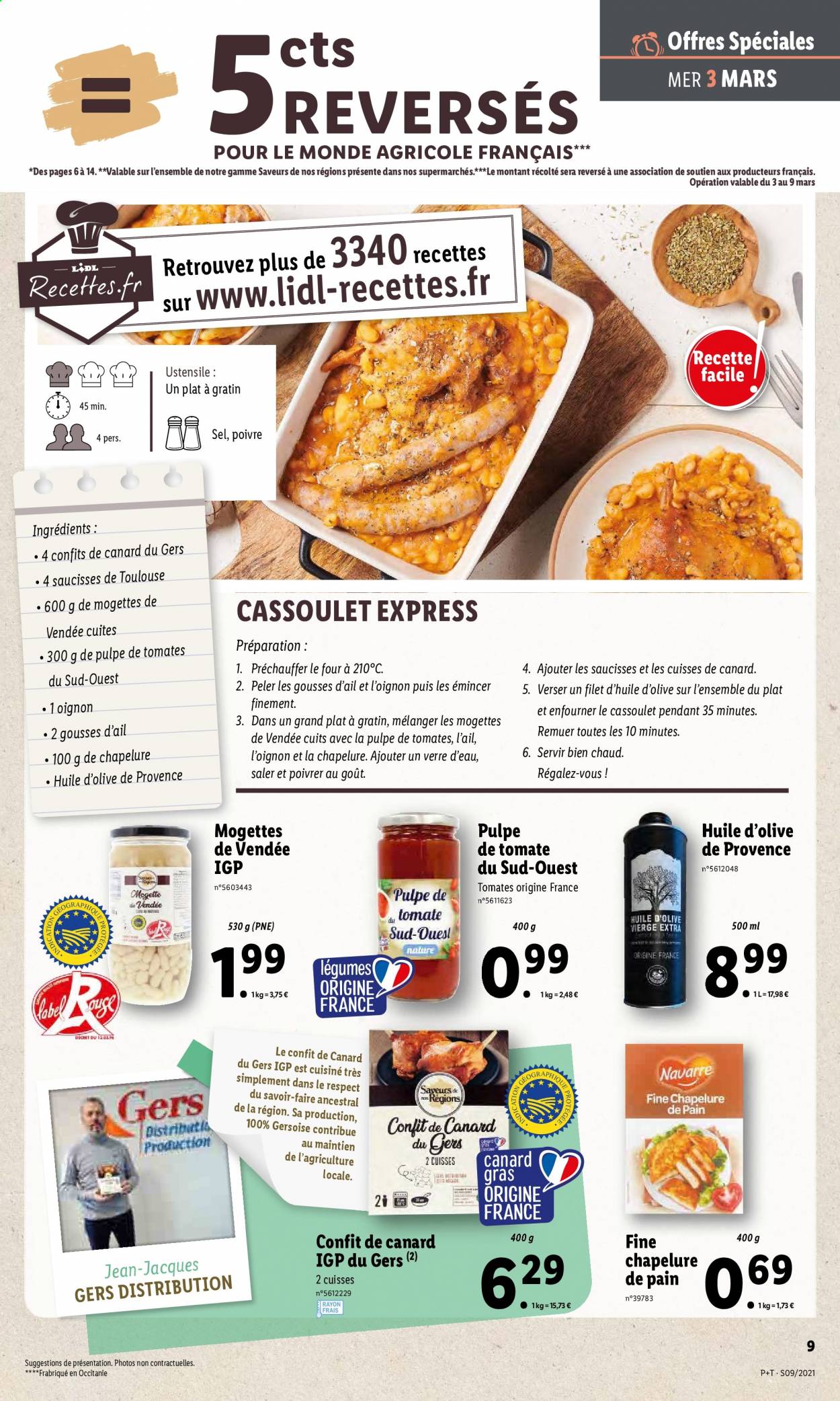 thumbnail - Catalogue Lidl - 03/03/2021 - 09/03/2021 - Produits soldés - chapelure, cuisse de canard, cassoulet, confit de canard, saucisse, mogette, pulpe de tomates, verre, jeans. Page 9.