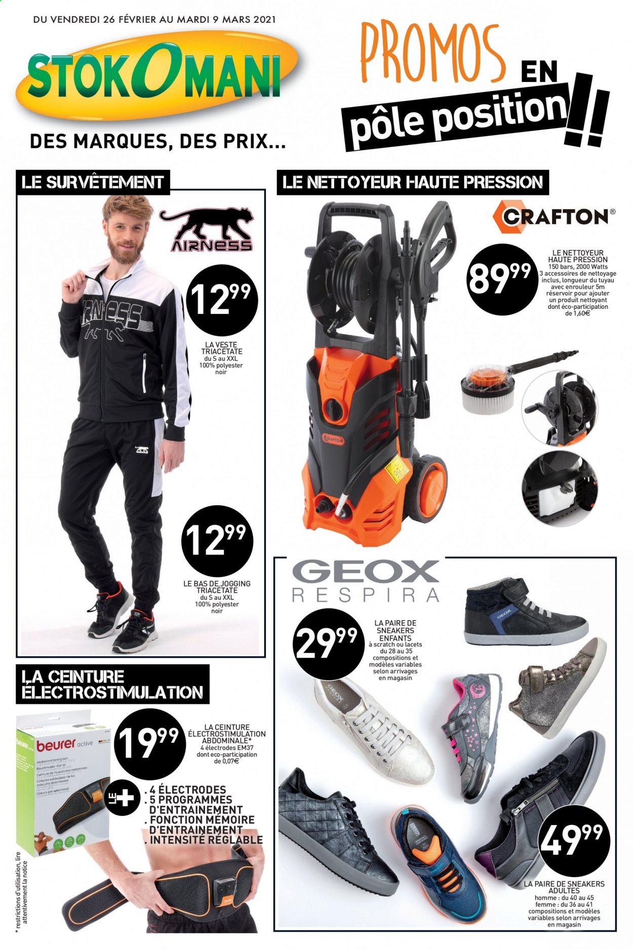thumbnail - Catalogue Stokomani - 26/02/2021 - 09/03/2021 - Produits soldés - Sneakers, veste, survêtement de sport, ceinture, nettoyeur haute pression. Page 1.