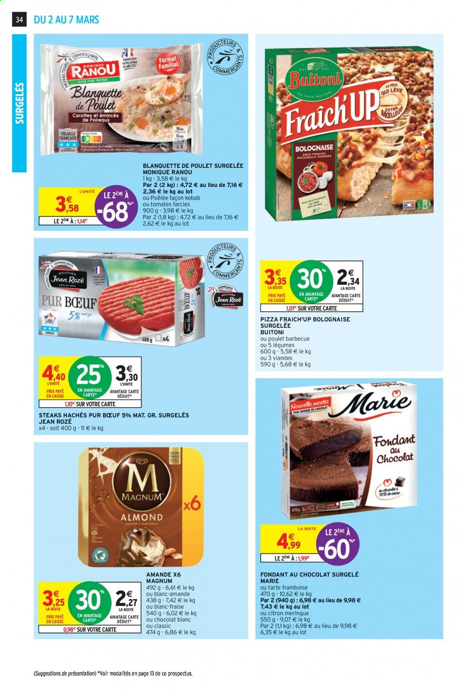 thumbnail - Catalogue Intermarché Super - 02/03/2021 - 07/03/2021 - Produits soldés - tarte, meringue, steak haché, viande hachée, pizza, tomate farcie, Buitoni, Magnum, barbecue. Page 34.