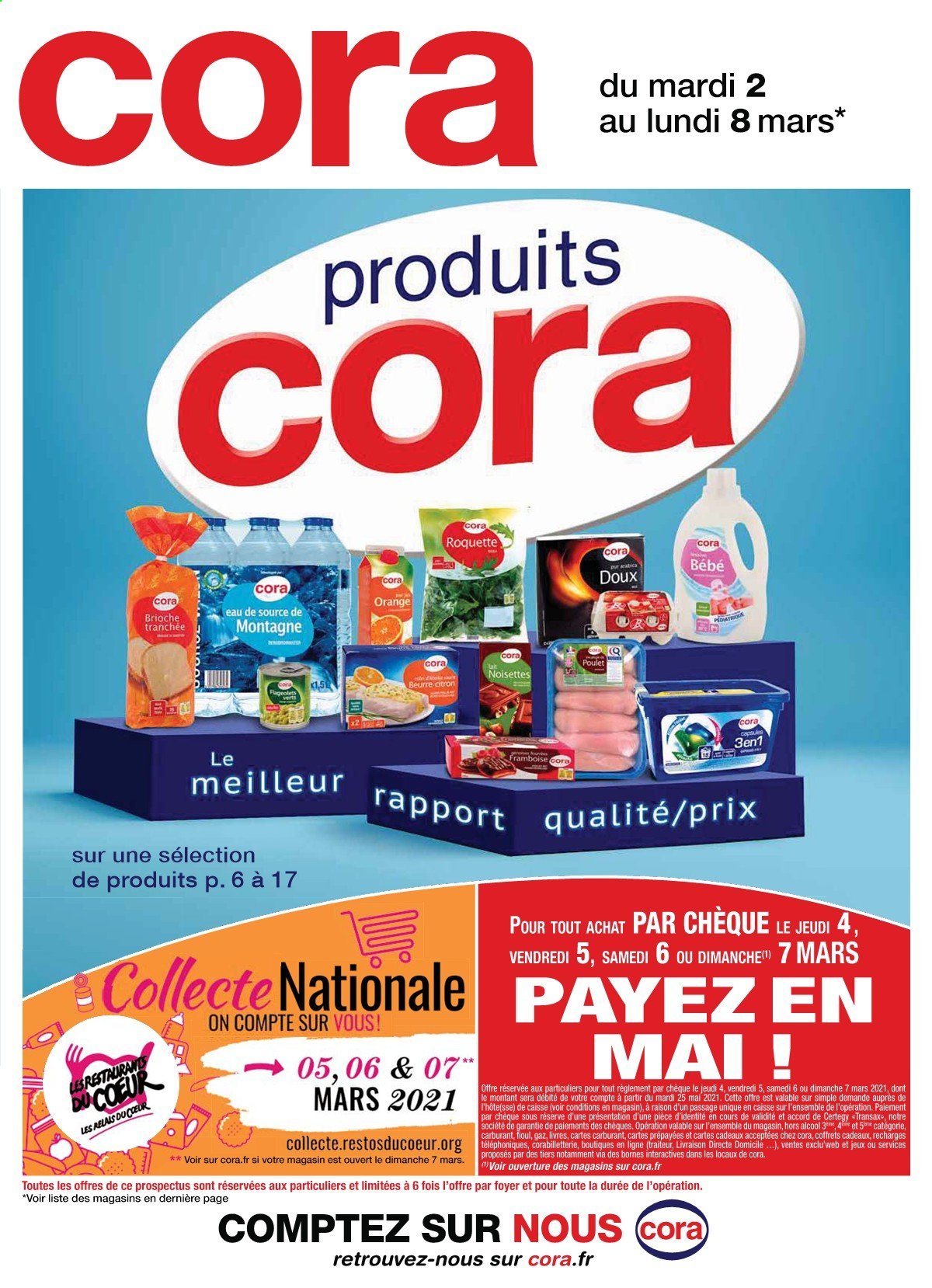 thumbnail - Catalogue Cora - 02/03/2021 - 08/03/2021 - Produits soldés - alcool, roquette, brioche, noisettes, eau de source. Page 1.