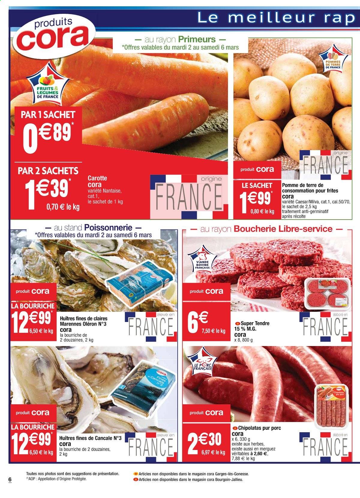 thumbnail - Catalogue Cora - 02/03/2021 - 08/03/2021 - Produits soldés - carotte, pommes de terre, huître, merguez, chipolata. Page 6.