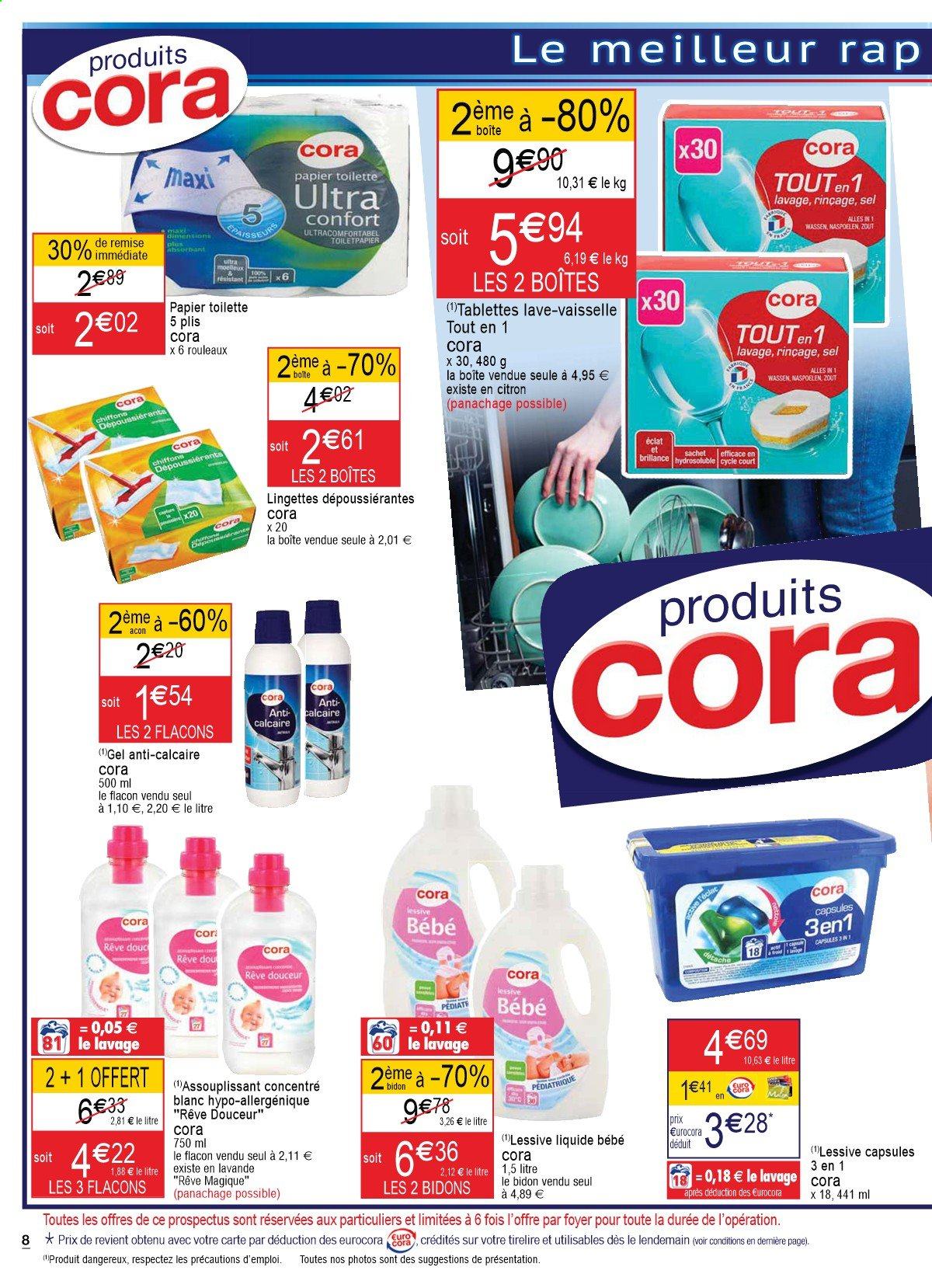 thumbnail - Catalogue Cora - 02/03/2021 - 08/03/2021 - Produits soldés - sel, lingettes, papier toilette, assouplissant, lessive, lavande. Page 8.