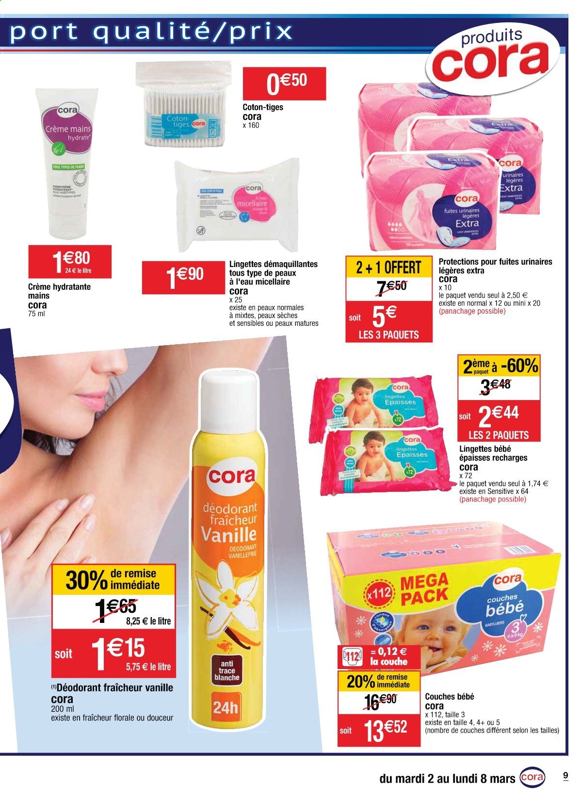 thumbnail - Catalogue Cora - 02/03/2021 - 08/03/2021 - Produits soldés - lingettes, couches, déodorant, desodorisant, crème mains. Page 9.
