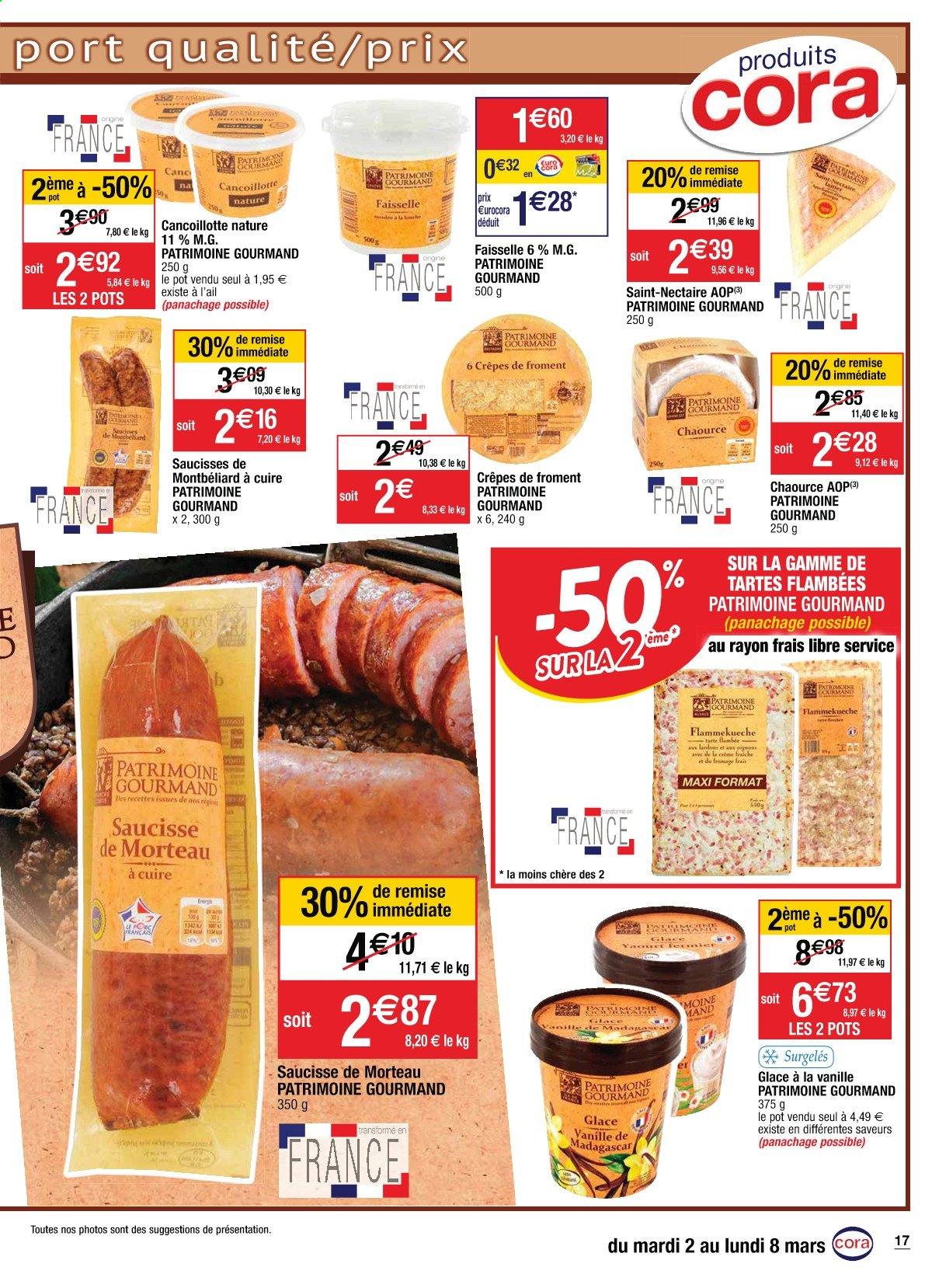 thumbnail - Catalogue Cora - 02/03/2021 - 08/03/2021 - Produits soldés - crêpes, lardons, saucisse, fromage frais, Chaource, faisselle, glace, Flammekueche. Page 17.