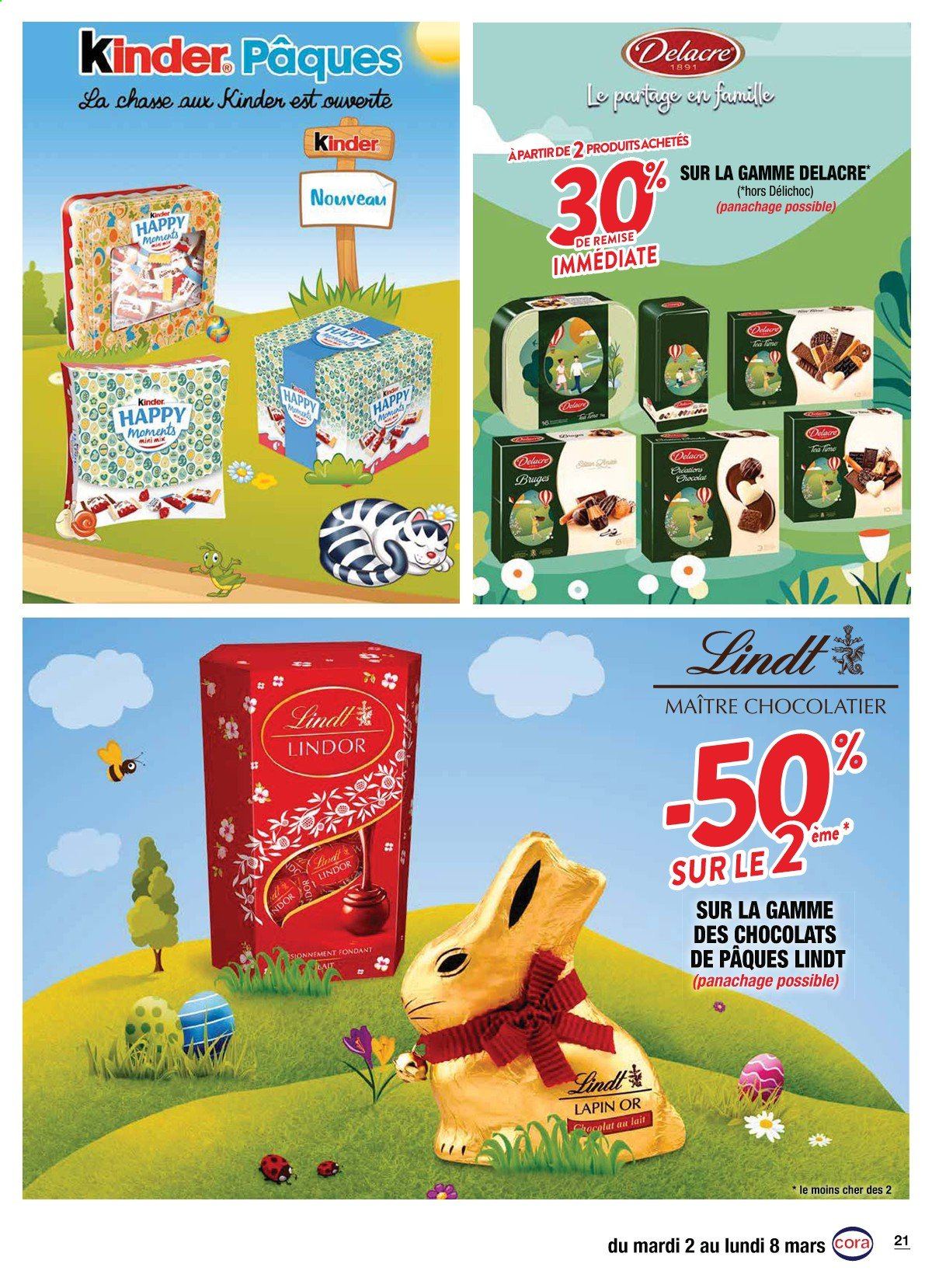 thumbnail - Catalogue Cora - 02/03/2021 - 08/03/2021 - Produits soldés - chocolat, biscuits, Lindor, Kinder, chocolat au lait, Lindt, DéliChoc, Delacre. Page 21.