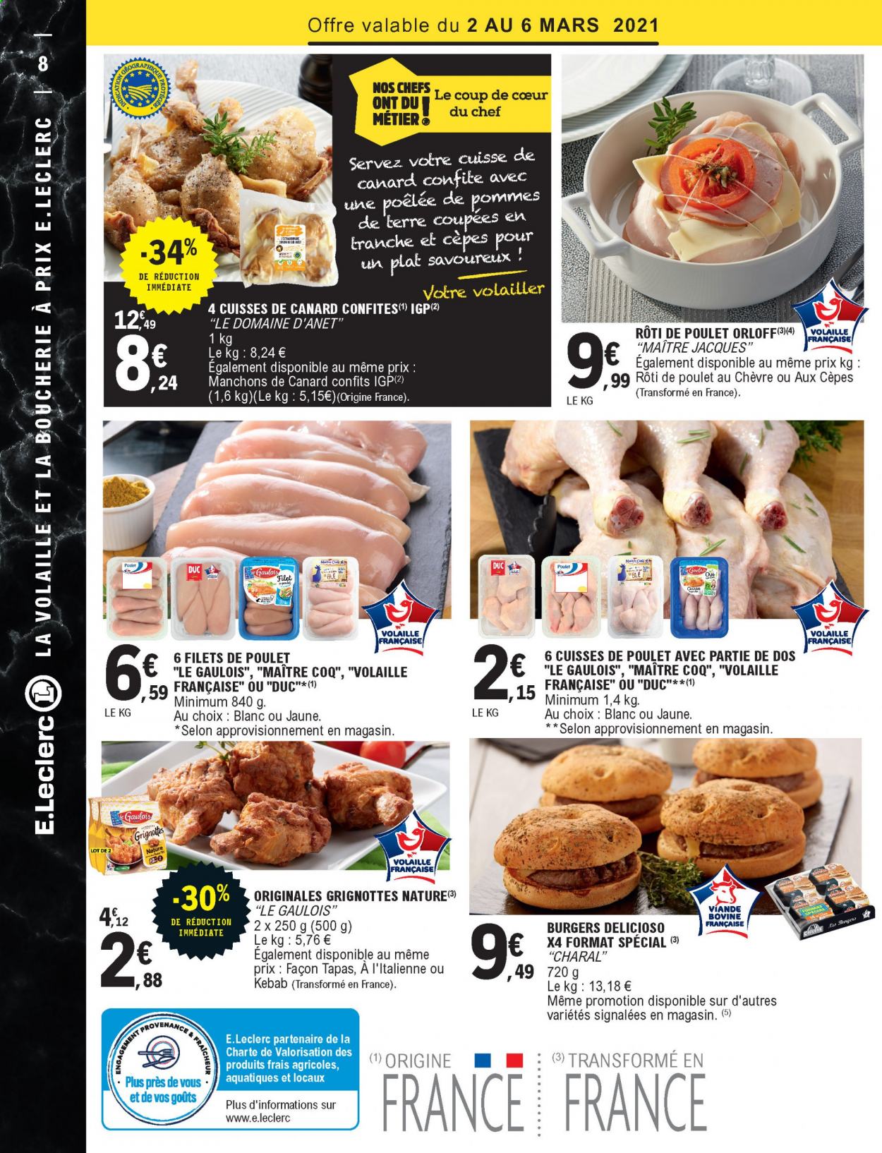 thumbnail - Catalogue E.Leclerc - 02/03/2021 - 13/03/2021 - Produits soldés - Maître CoQ, filet de poulet, manchons de canard, cuisse de canard, cuisses de poulet, viande de poulet, rôti de poulet, tapas. Page 8.