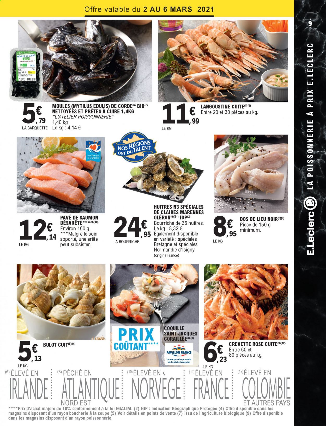 thumbnail - Catalogue E.Leclerc - 02/03/2021 - 13/03/2021 - Produits soldés - saumon, bulot, coquilles Saint-Jacques, crevettes, huître, moules, crevette rosé, filet de lieu. Page 9.