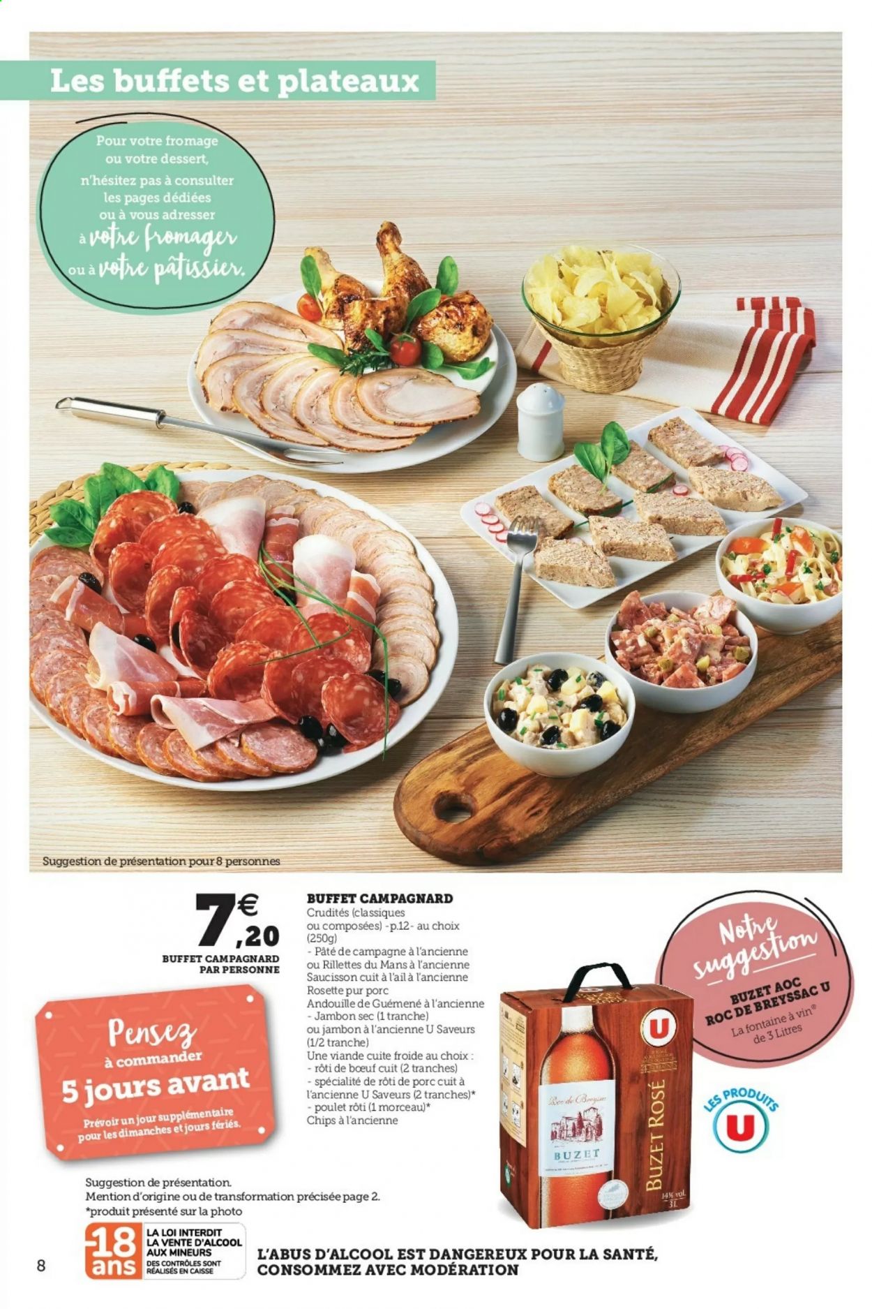 thumbnail - Catalogue SUPER U - 02/03/2021 - 02/10/2021 - Produits soldés - rôti de porc, dessert, rôti de bœuf, rillettes, jambon sec, rosette, campagnard, andouille, saucisson, chips. Page 8.