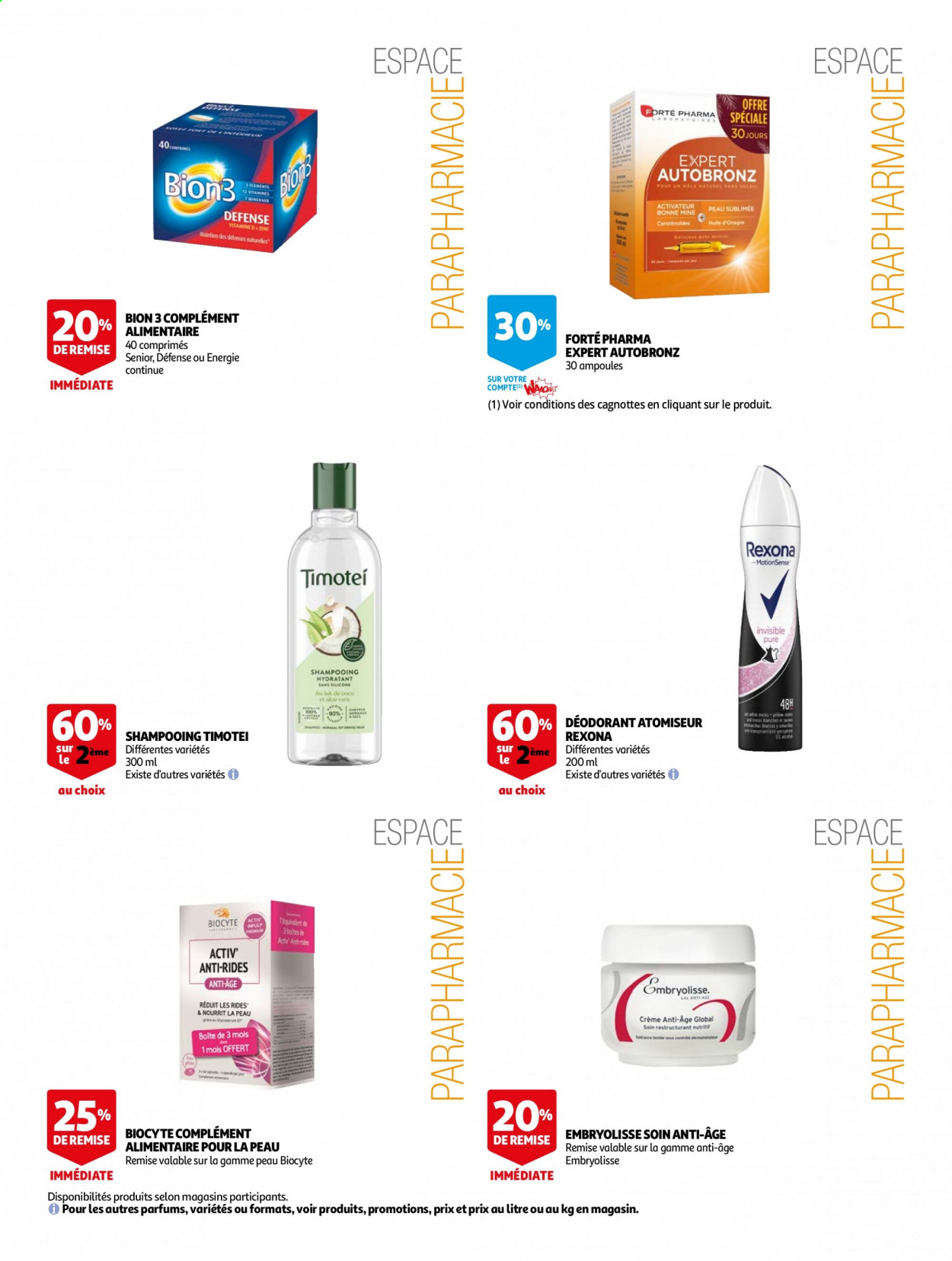 thumbnail - Catalogue Auchan - 03/03/2021 - 16/03/2021 - Produits soldés - shampooing, Timotei, Biocyte, déodorant, desodorisant, Rexona, Forté Pharma. Page 15.