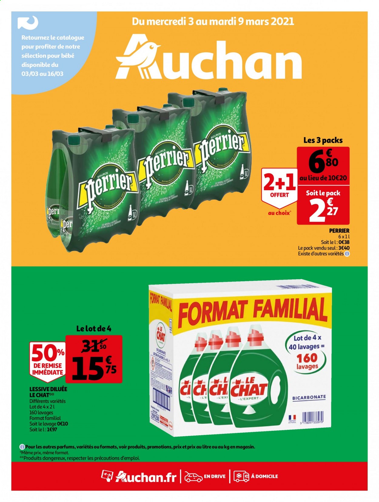 thumbnail - Catalogue Auchan - 03/03/2021 - 09/03/2021 - Produits soldés - Perrier, Le Chat, lessive. Page 1.