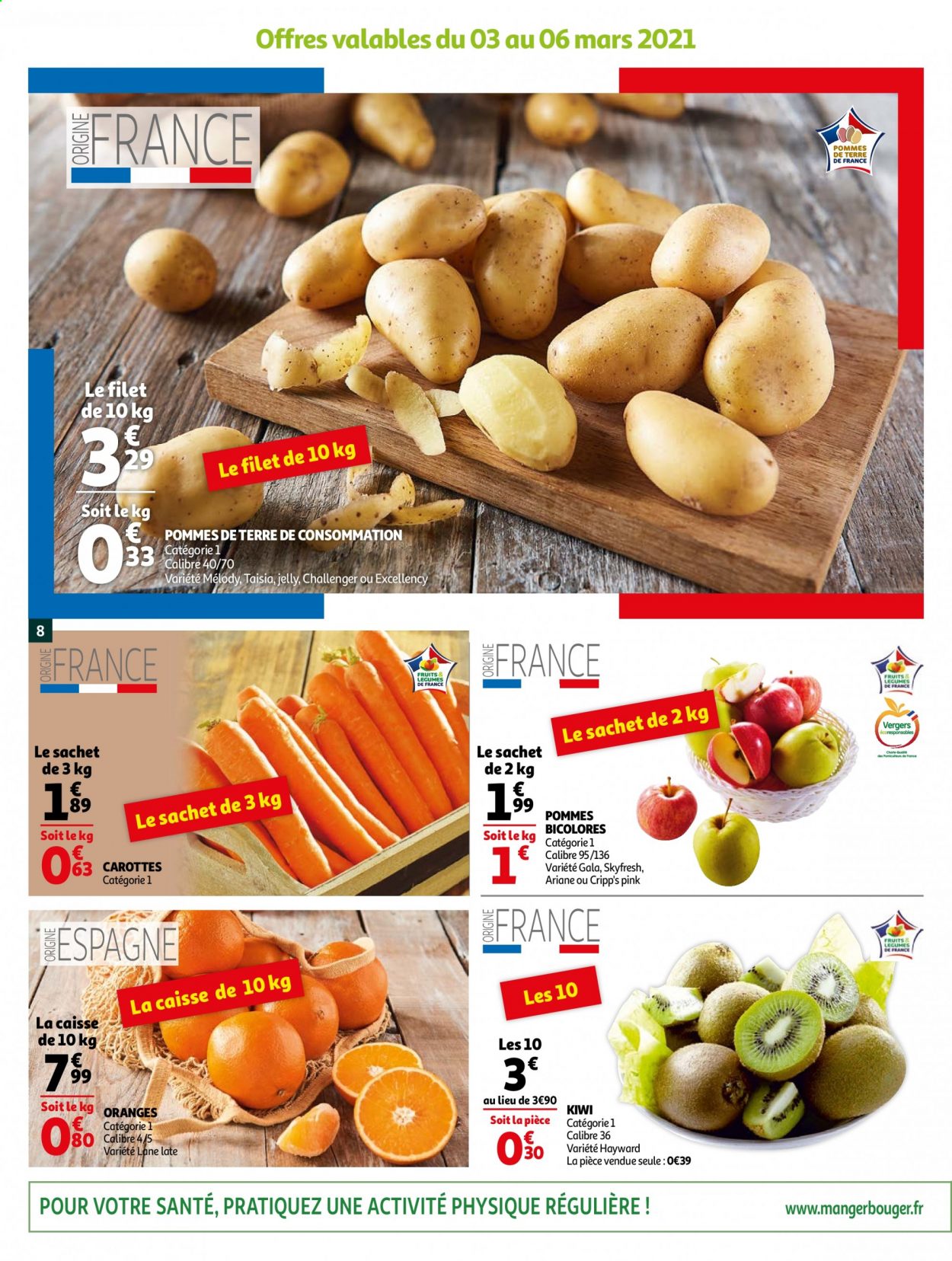 thumbnail - Catalogue Auchan - 03/03/2021 - 09/03/2021 - Produits soldés - kiwi, oranges, carotte, pommes de terre. Page 8.