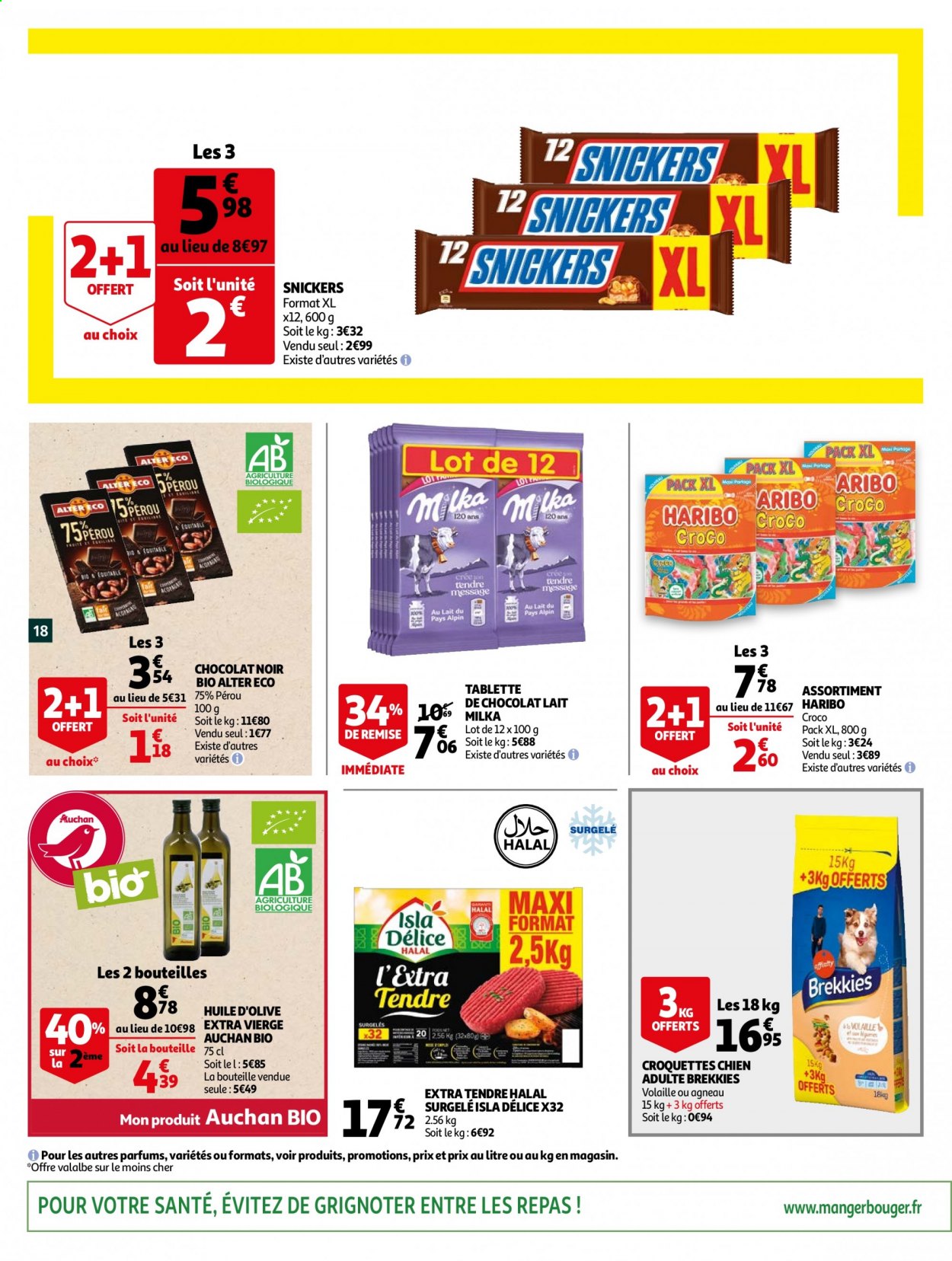 thumbnail - Catalogue Auchan - 03/03/2021 - 09/03/2021 - Produits soldés - Milka, croquettes, huile, huile d'olive, Brekkies, croquettes chien. Page 18.