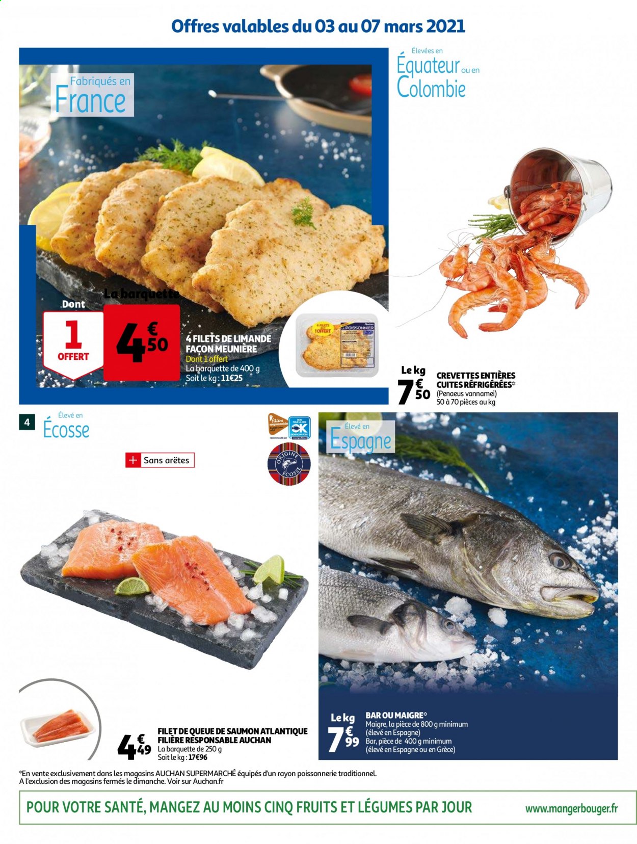 thumbnail - Catalogue Auchan - 03/03/2021 - 09/03/2021 - Produits soldés - saumon, crevettes, limande. Page 4.