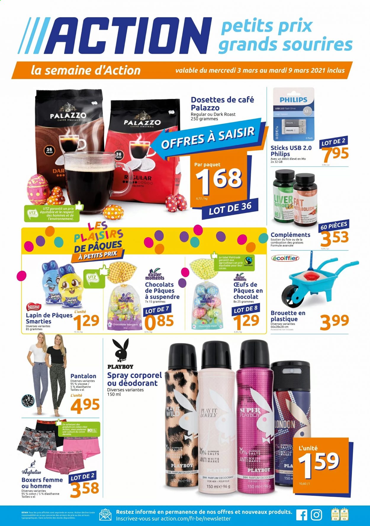 thumbnail - Catalogue Action - 03/03/2021 - 09/03/2021 - Produits soldés - Philips, Smarties, Nestlé, dosettes de café, déodorant, desodorisant, Playboy, pantalon, boxers, brouette. Page 1.