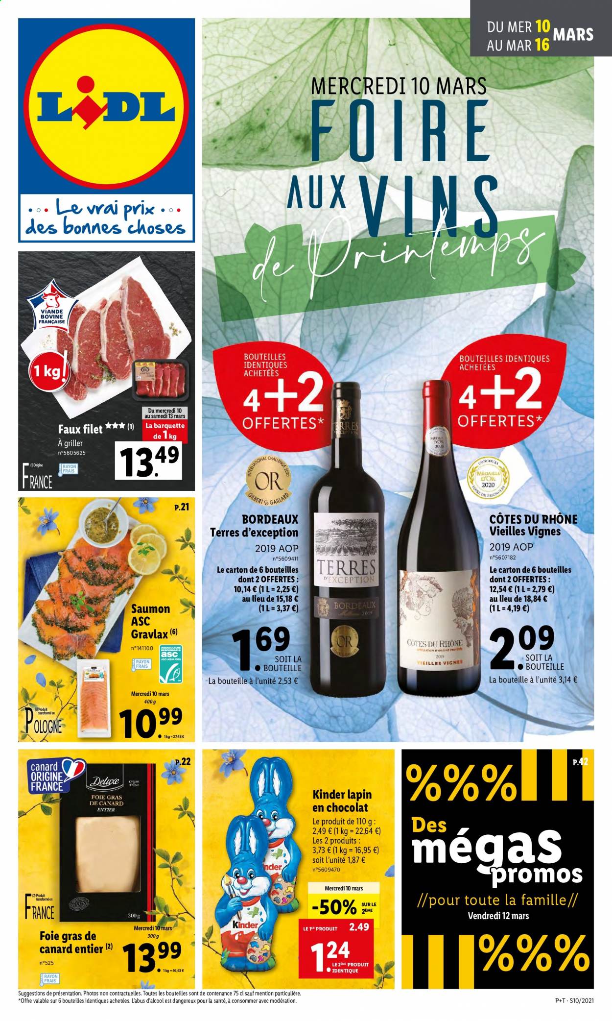 thumbnail - Catalogue Lidl - 10/03/2021 - 16/03/2021 - Produits soldés - saumon, Kinder, Bordeaux, Côtes du Rhône, vin rouge, vin. Page 1.