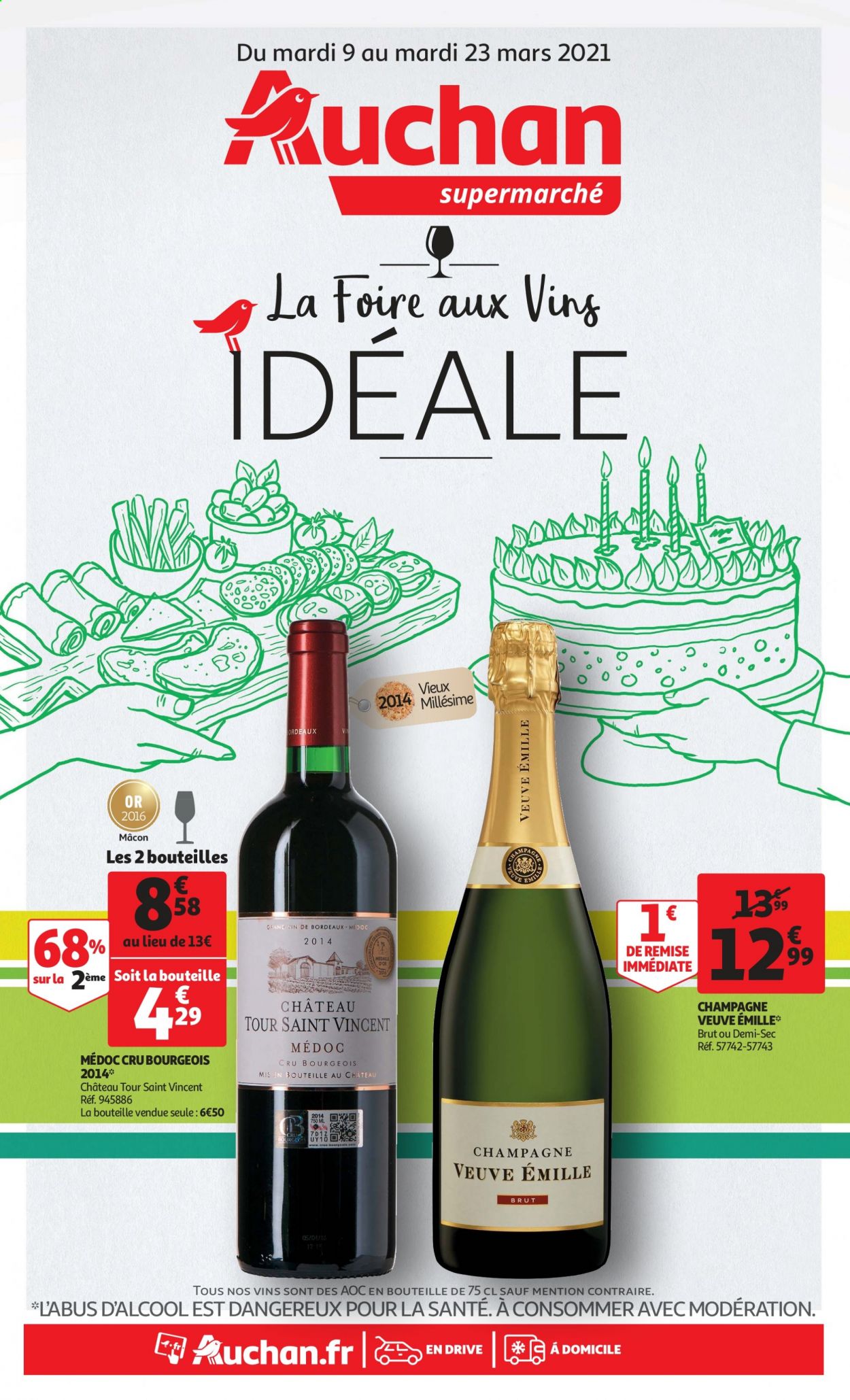 thumbnail - Catalogue Auchan - 09/03/2021 - 23/03/2021 - Produits soldés - Bordeaux, champagne, vin rouge, vin. Page 1.
