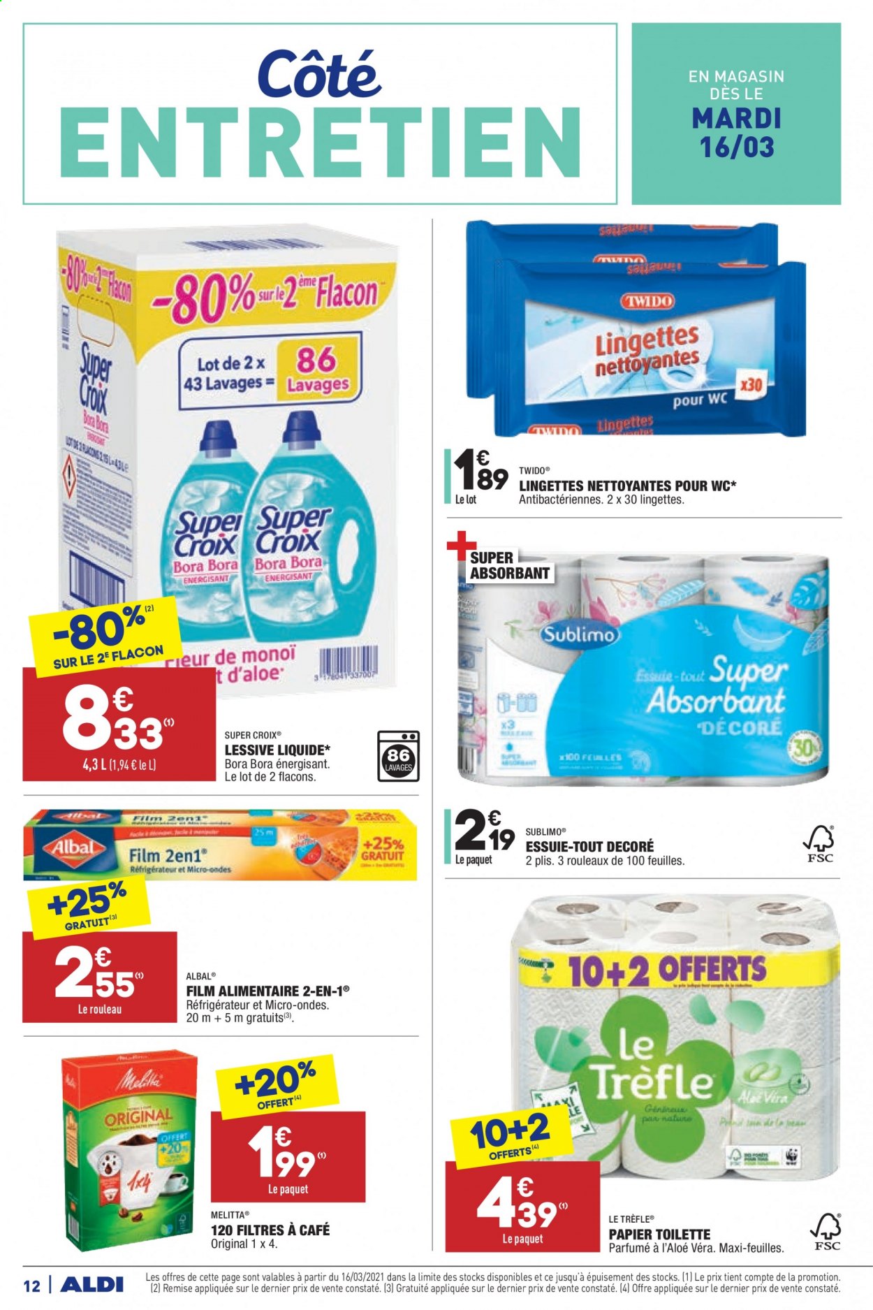 thumbnail - Catalogue ALDI - 16/03/2021 - 22/03/2021 - Produits soldés - lingettes, papier toilette, essuie-tout, lessive, Albal, film alimentaire. Page 12.