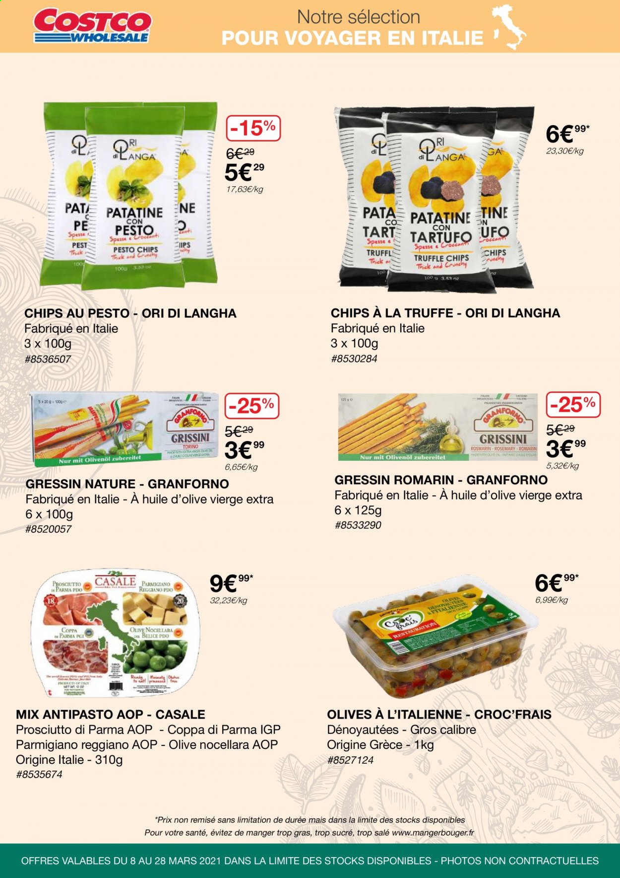 thumbnail - Catalogue Costco - 08/03/2021 - 28/03/2021 - Produits soldés - coppa, prosciutto, parmesan, chips, romarin, huile d'olive vierge extra, huile d'olive. Page 1.