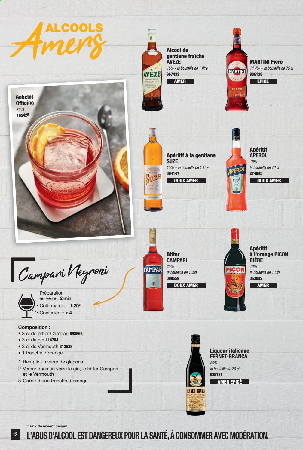 thumbnail - Catalogue Promocash - Produits soldés - bière, Aperol, vermouth, Martini, liqueur, Amer, apéritif, Campari, verre. Page 12.