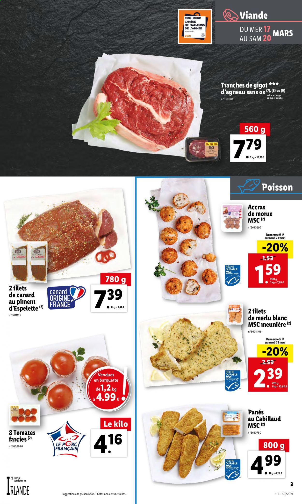 thumbnail - Catalogue Lidl - 17/03/2021 - 23/03/2021 - Produits soldés - filet de canard, cabillaud, morue, merlu, tomate farcie. Page 3.