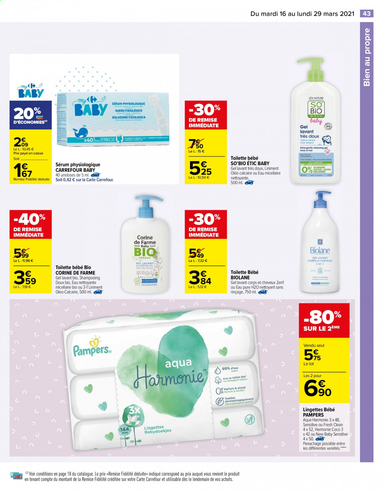 thumbnail - Catalogue Carrefour Hypermarchés - 16/03/2021 - 29/03/2021 - Produits soldés - Pampers, lingettes, gel lavant, shampooing, eau nettoyante, sérum. Page 44.