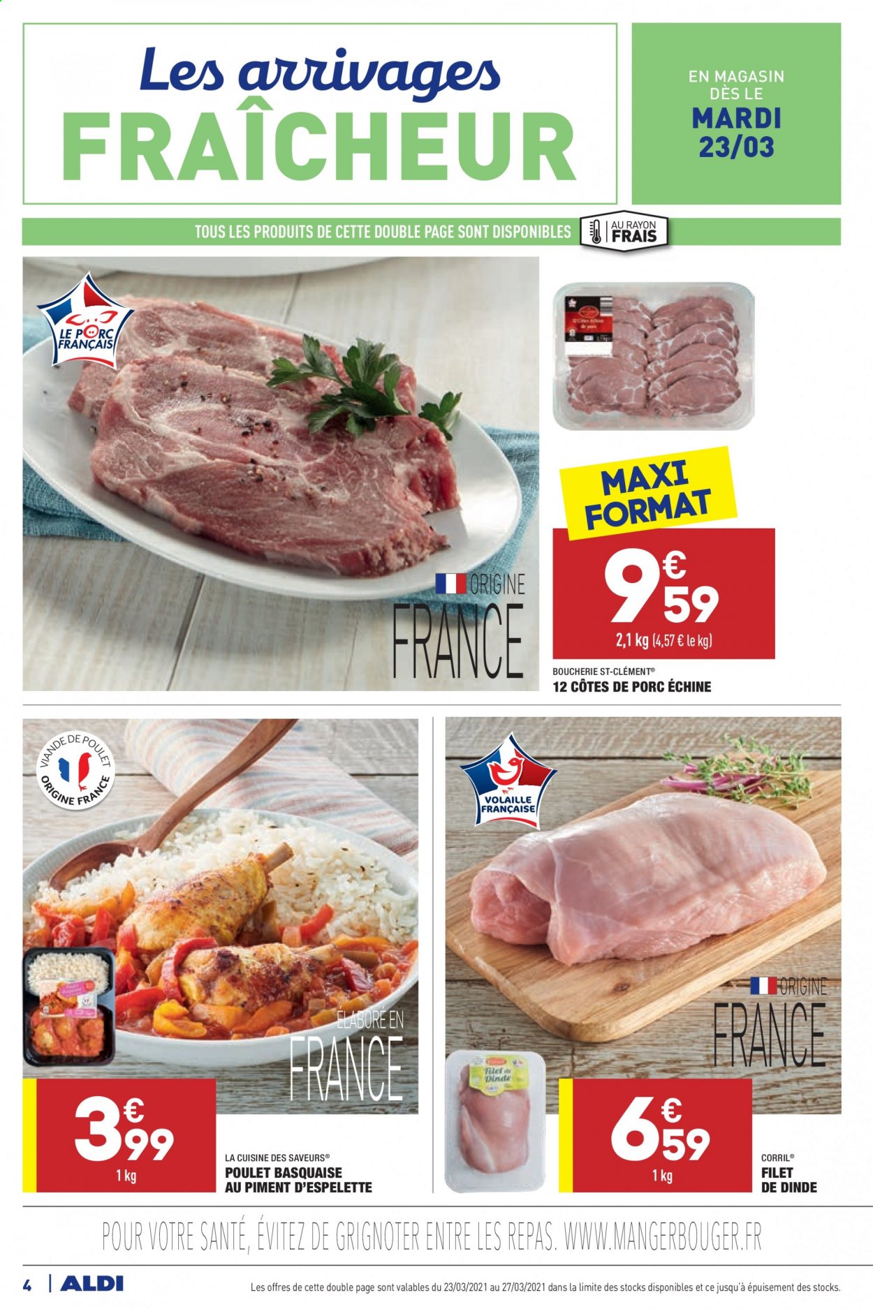 thumbnail - Catalogue ALDI - 23/03/2021 - 29/03/2021 - Produits soldés - côtes de porc, côtes de porc échine, viande de porc, poulet, viande de dinde. Page 4.