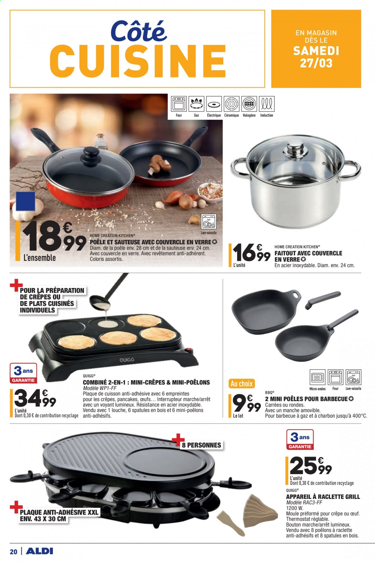 thumbnail - Catalogue ALDI - 23/03/2021 - 29/03/2021 - Produits soldés - plat cuisiné, œufs, poêle, louche, sauteuse, appareil à raclette, interrupteur. Page 20.