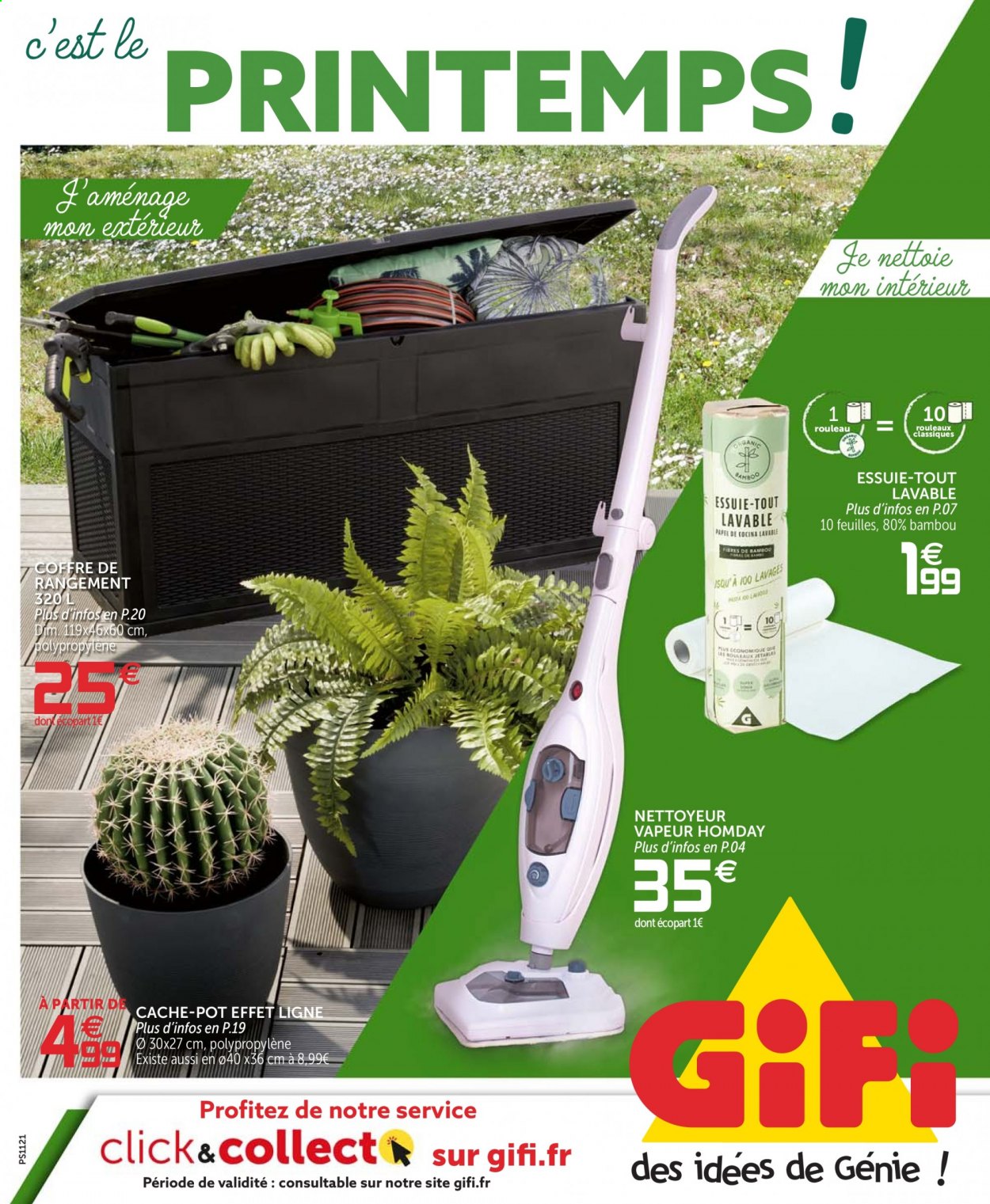thumbnail - Catalogue GiFi - Produits soldés - essuie-tout, nettoyeur vapeur, coffre, pot de fleurs, bambou. Page 1.