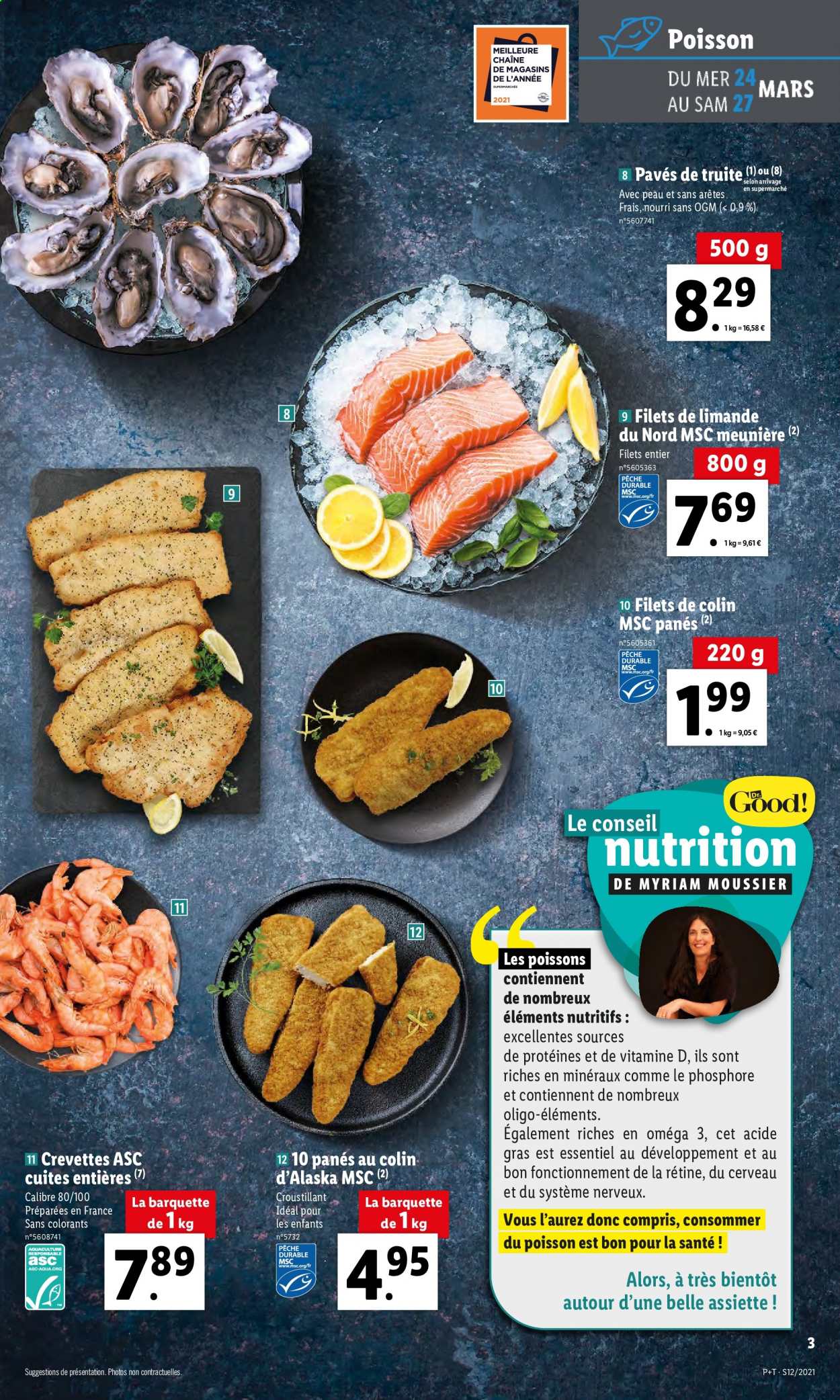 thumbnail - Catalogue Lidl - 24/03/2021 - 30/03/2021 - Produits soldés - crevettes, truite, limande, panés de poissons, assiette, vitamine D. Page 3.