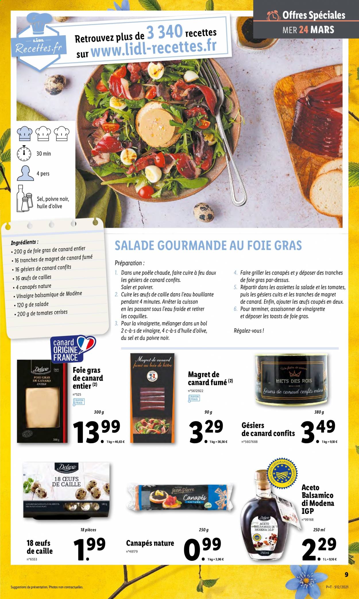 thumbnail - Catalogue Lidl - 24/03/2021 - 30/03/2021 - Produits soldés - gésiers, toast, cailles, viande de cailles, œufs, œufs de cailles, vinaigrette, vinaigre balsamique, assiette. Page 11.